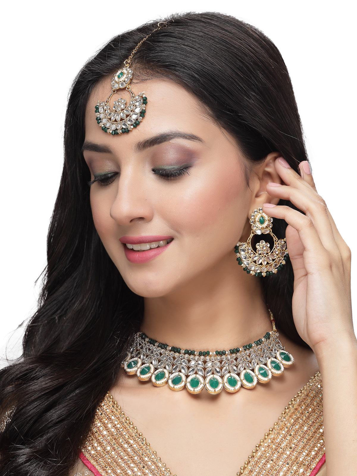 Sukkhi Sophisticated Traditional Looked Green Stone Choker Necklace Set With Chandbali Earring And Mangtikka | Jewellery For Women (NS105652)