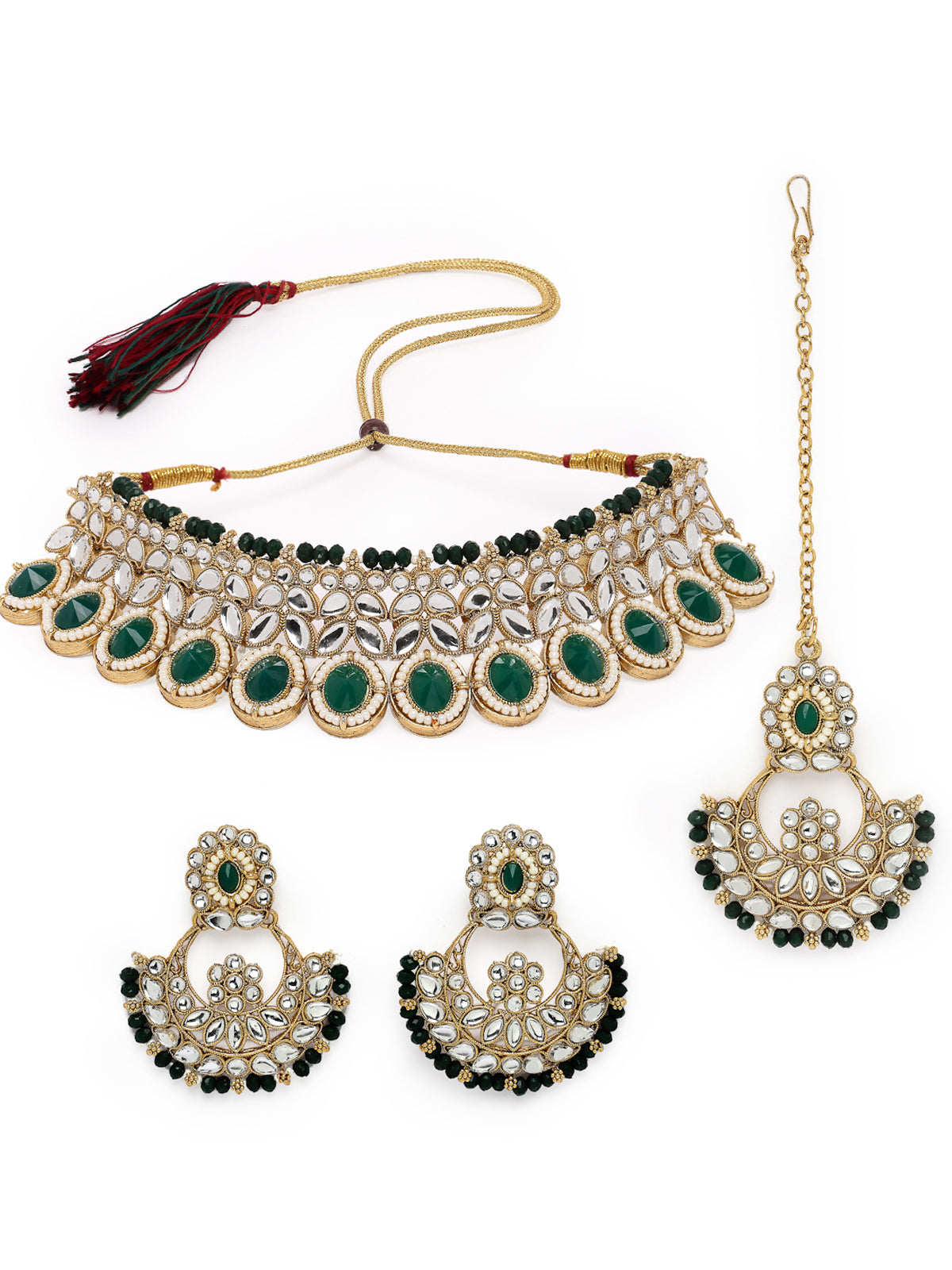 Sukkhi Sophisticated Traditional Looked Green Stone Choker Necklace Set With Chandbali Earring And Mangtikka | Jewellery For Women (NS105652)