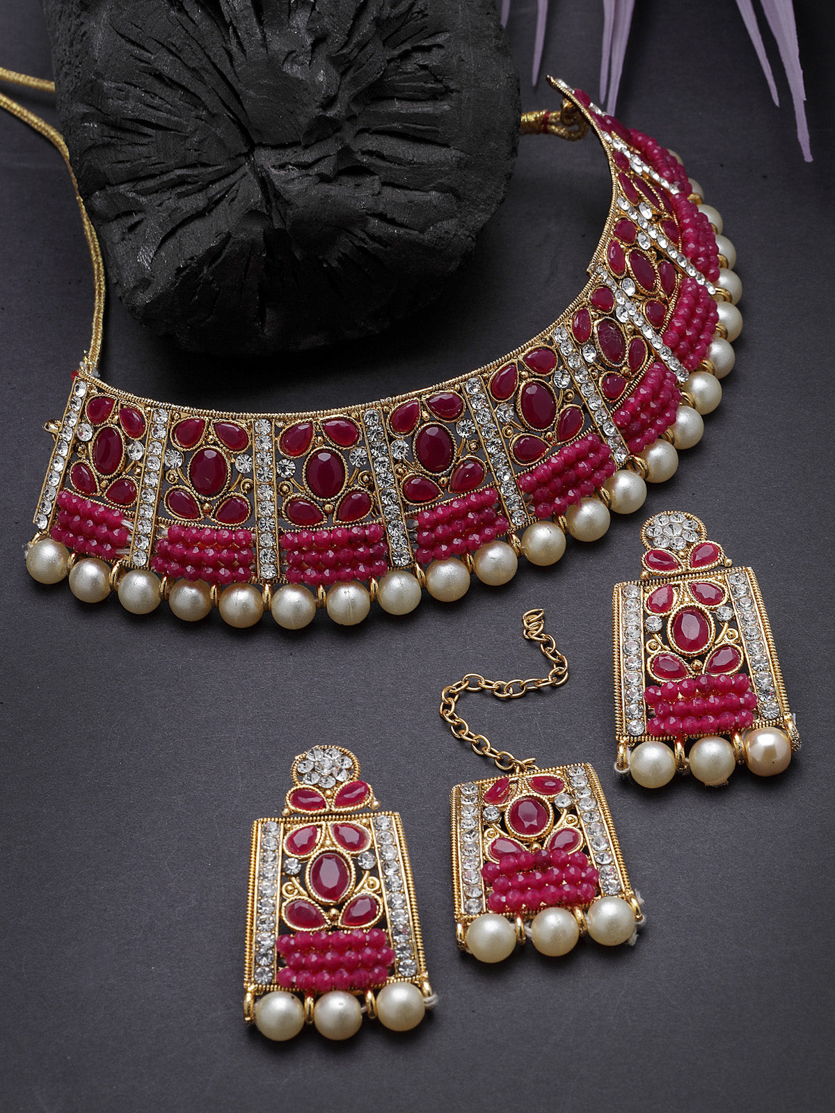 Sukkhi Adorable Unique Stylish Rani Pink Stone With Pearls Choker Necklace Set With Earring And Maangtika | Jewellery Set For Women (NS105653)