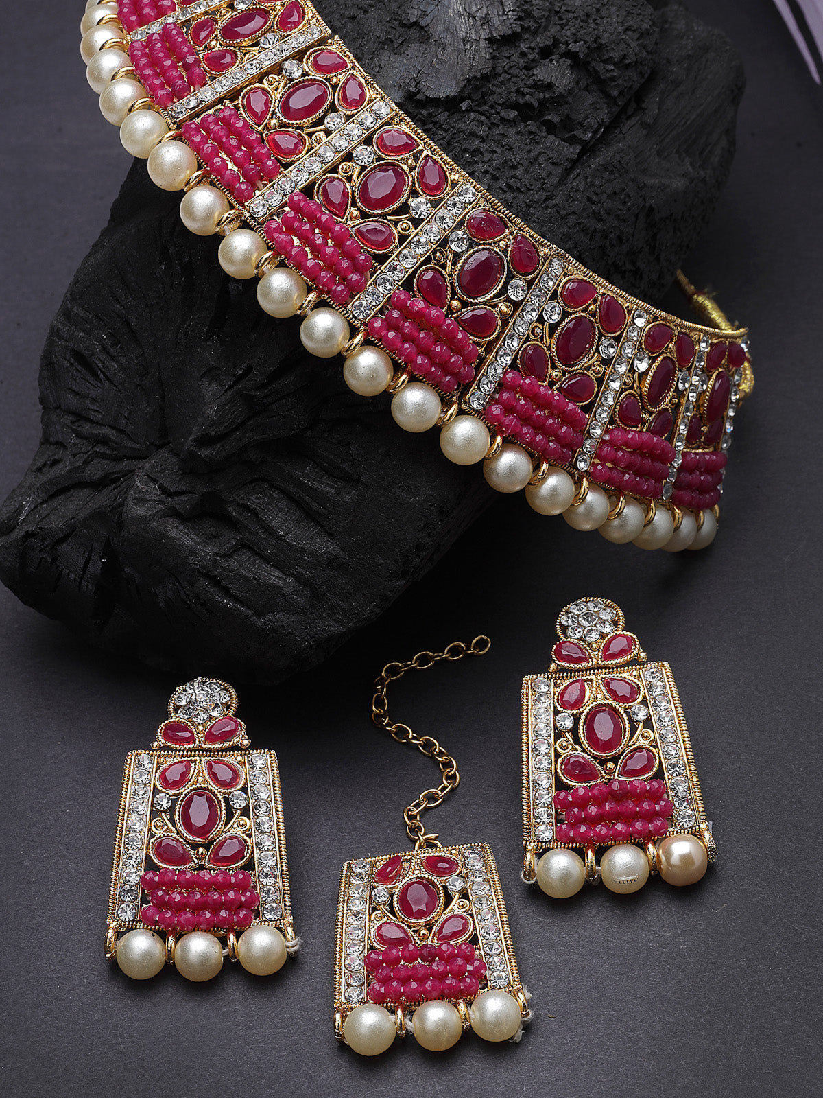 Sukkhi Adorable Unique Stylish Rani Pink Stone With Pearls Choker Necklace Set With Earring And Maangtika | Jewellery Set For Women (NS105653)