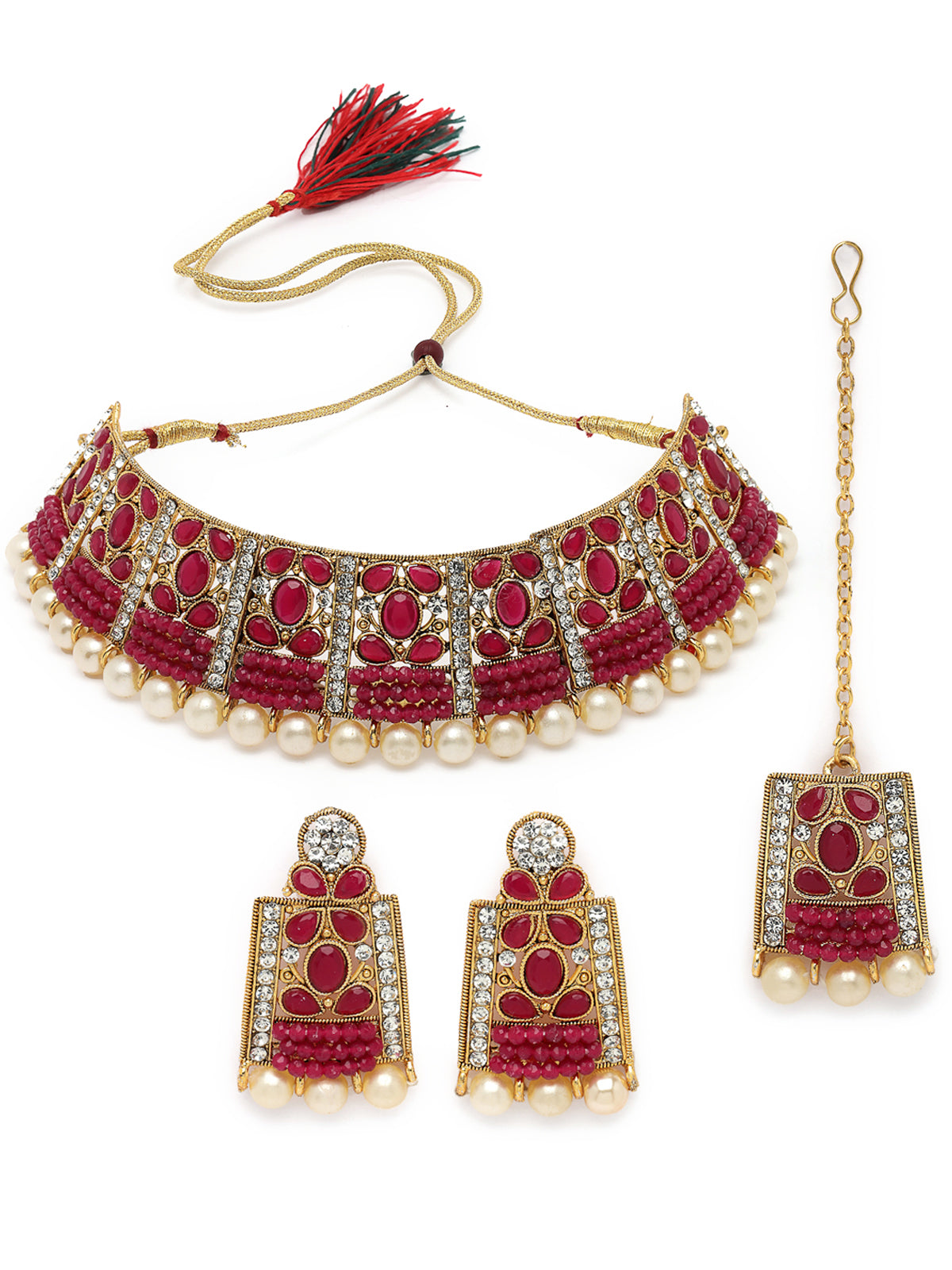 Sukkhi Adorable Unique Stylish Rani Pink Stone With Pearls Choker Necklace Set With Earring And Maangtika | Jewellery Set For Women (NS105653)
