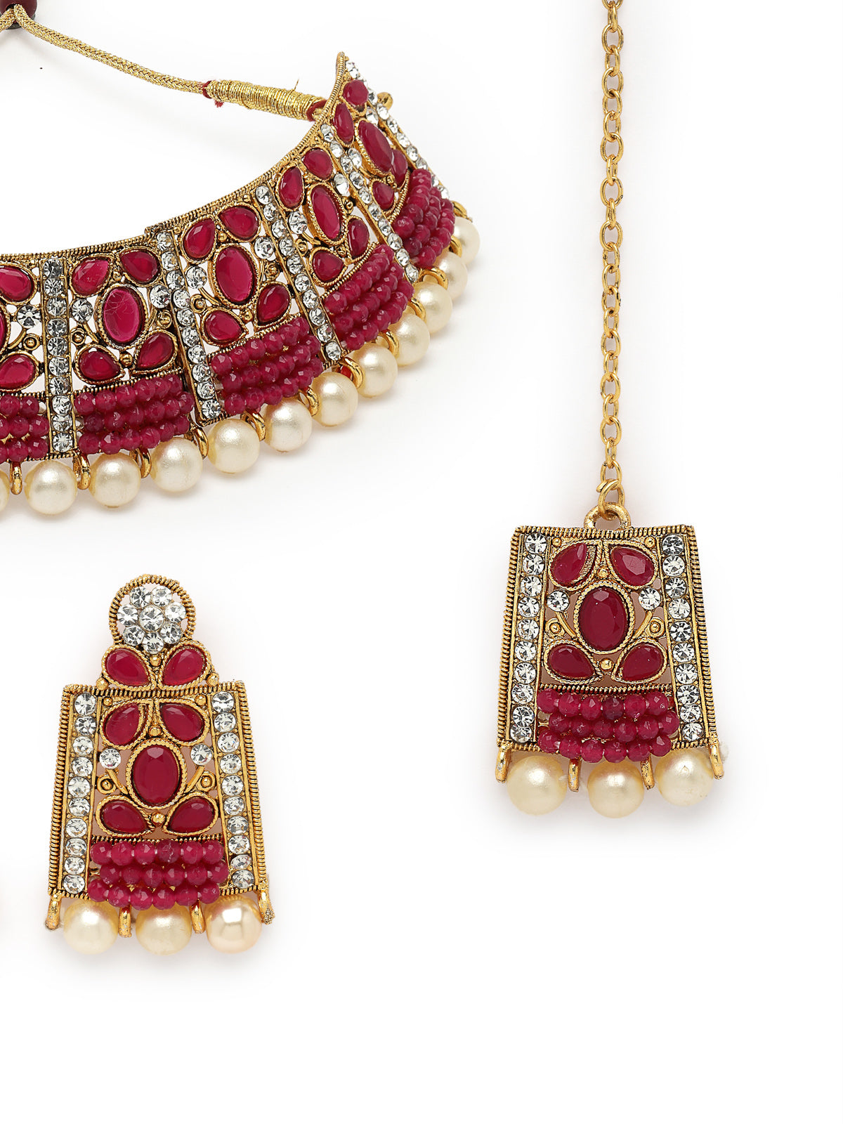 Sukkhi Adorable Unique Stylish Rani Pink Stone With Pearls Choker Necklace Set With Earring And Maangtika | Jewellery Set For Women (NS105653)