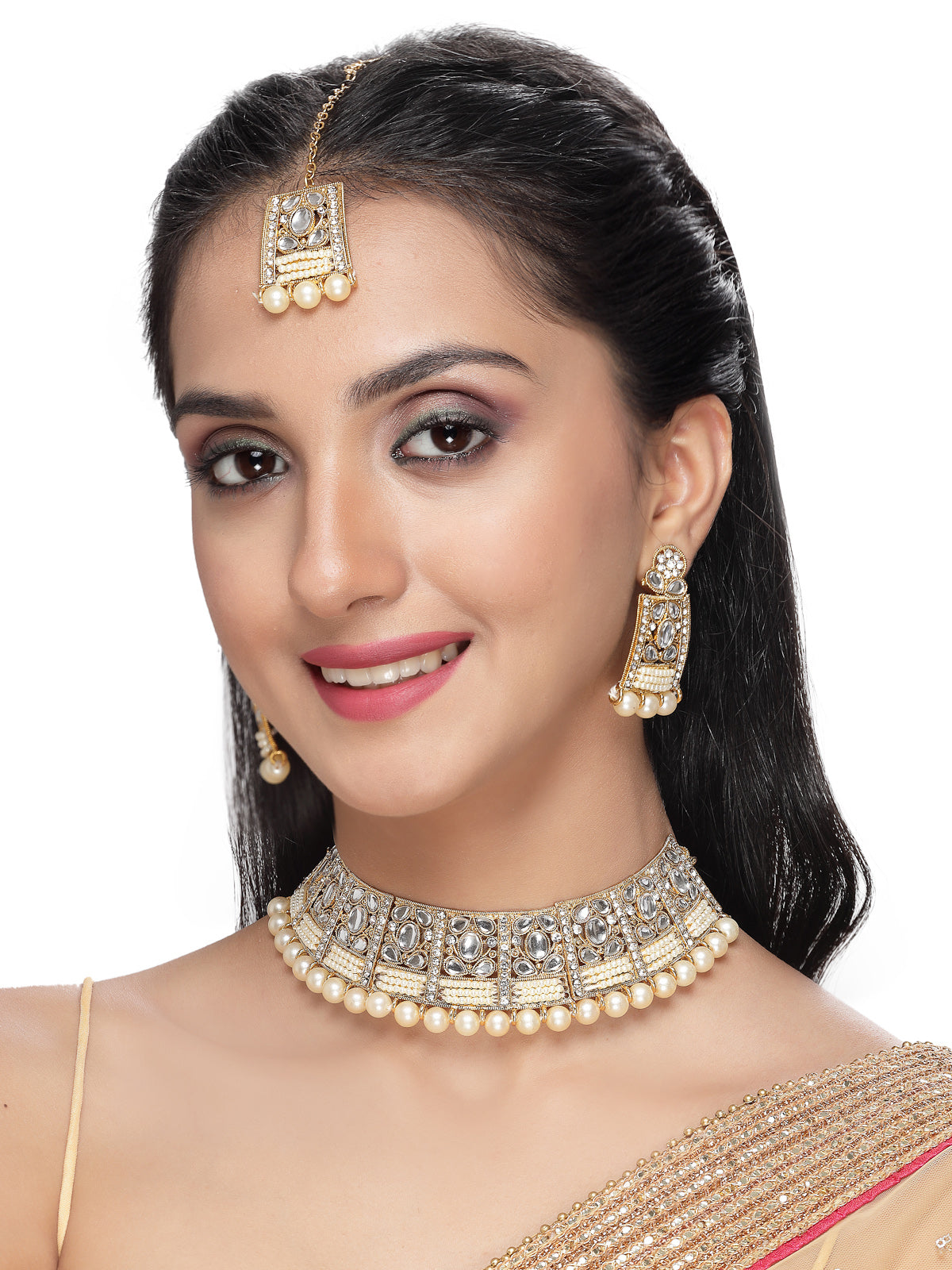 Sukkhi Adorable Unique Stylish White Stone With Pearls Choker Necklace Set With Earring And Maangtika | Jewellery Set For Women (NS105654)