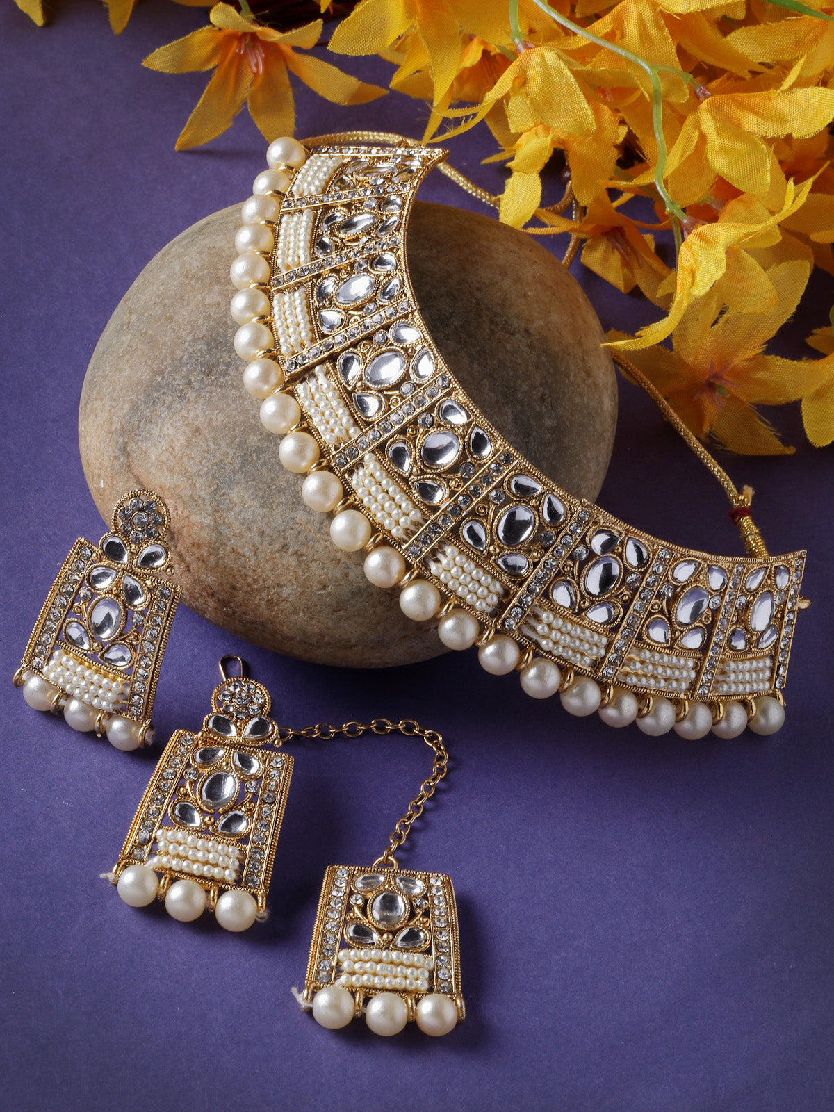 Sukkhi Adorable Unique Stylish White Stone With Pearls Choker Necklace Set With Earring And Maangtika | Jewellery Set For Women (NS105654)