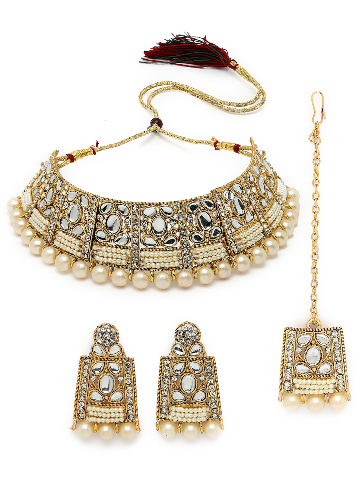 Sukkhi Adorable Unique Stylish White Stone With Pearls Choker Necklace Set With Earring And Maangtika | Jewellery Set For Women (NS105654)