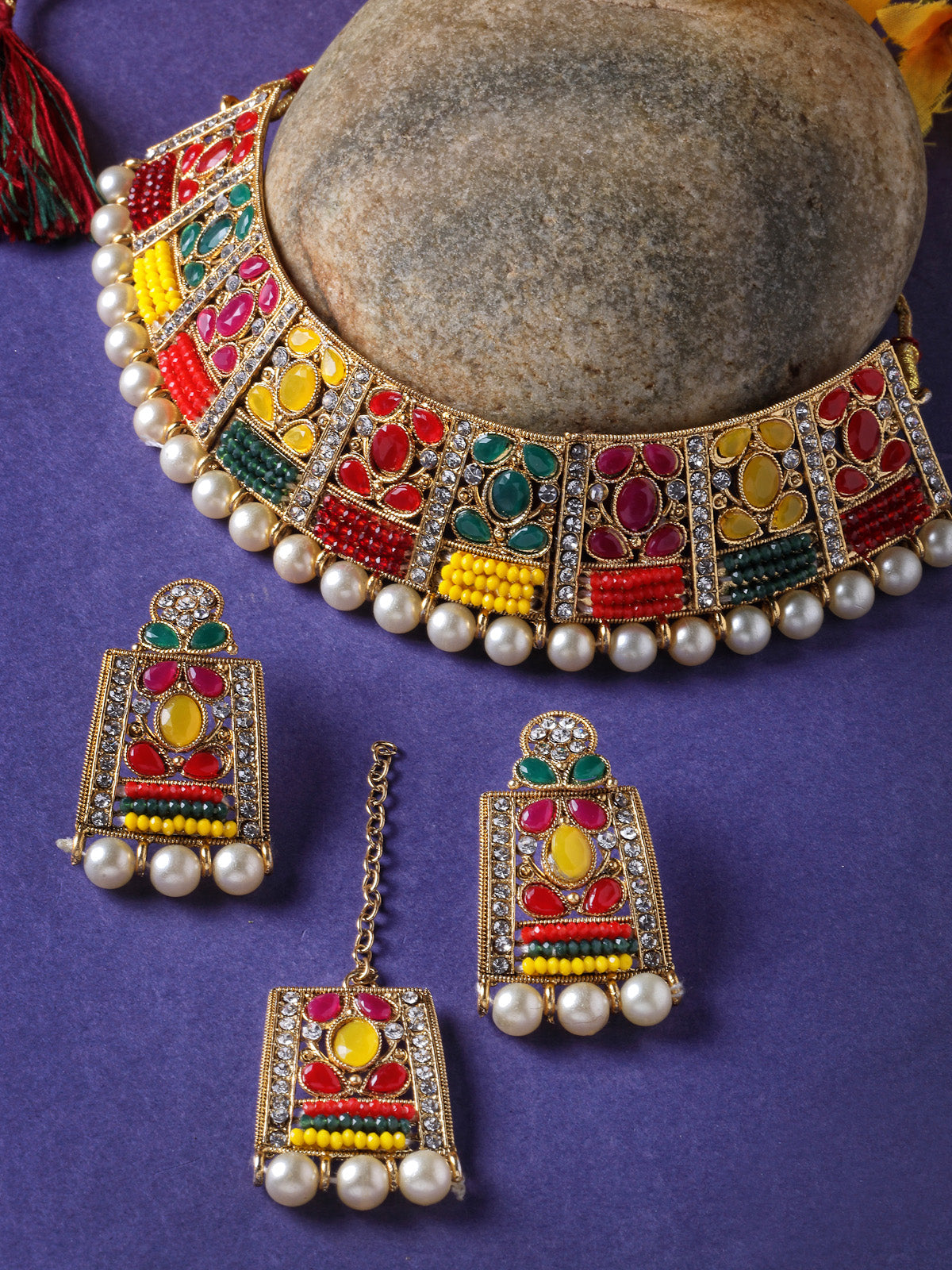 Sukkhi Adorable Unique Stylish Multicolor Stone With Pearls Choker Necklace Set With Earring And Maangtika | Jewellery Set For Women (NS105656)