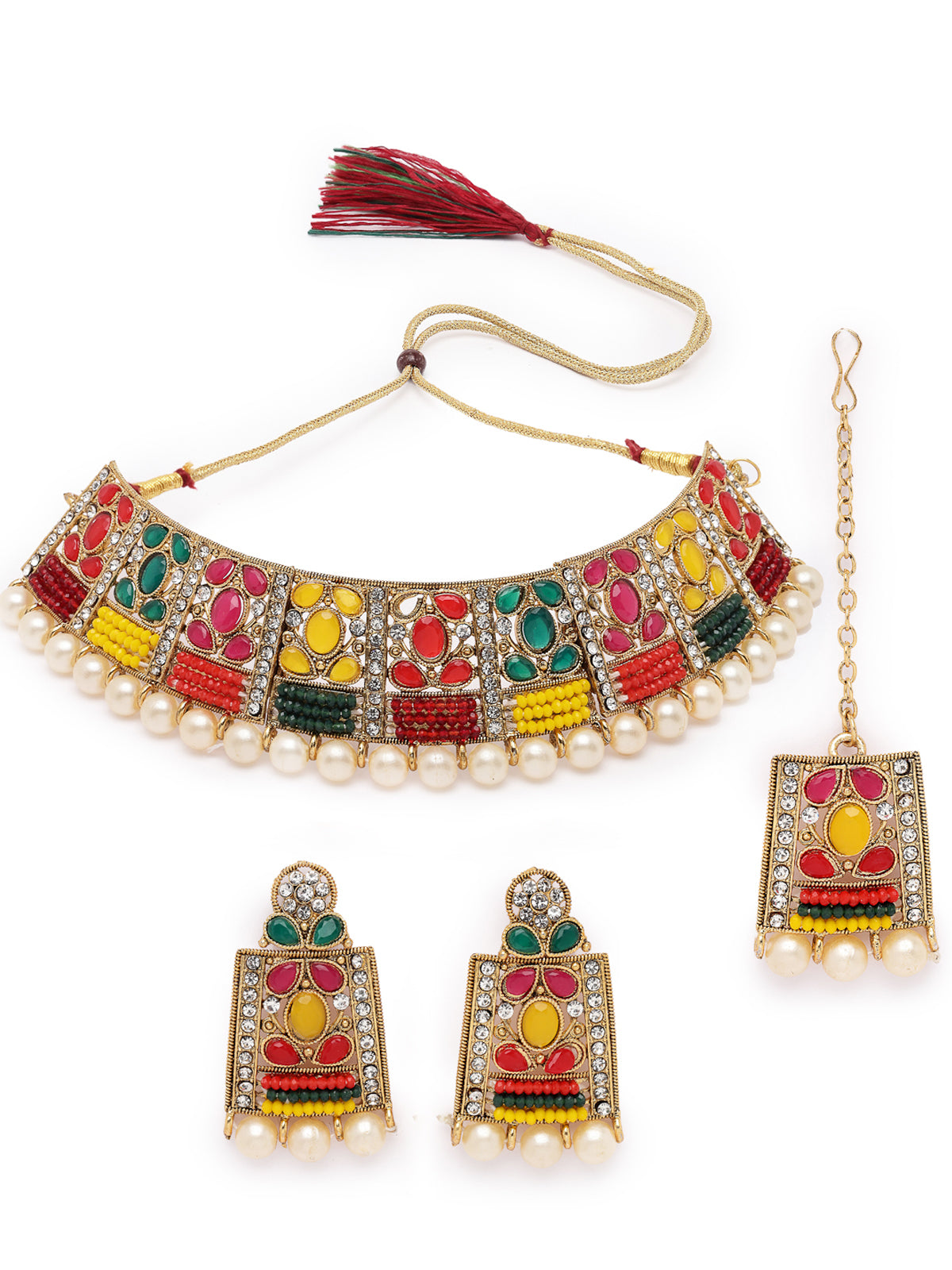 Sukkhi Adorable Unique Stylish Multicolor Stone With Pearls Choker Necklace Set With Earring And Maangtika | Jewellery Set For Women (NS105656)