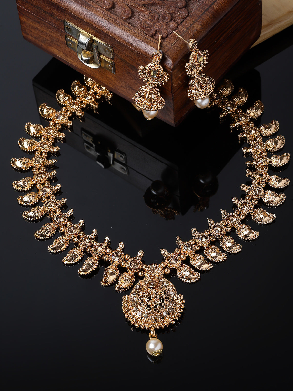 Sukkhi Classical Temple Gold Plated Copper Beads Studded Long Necklace Set With Jhumke Earring | Jewellery Set For Women (NS105657)