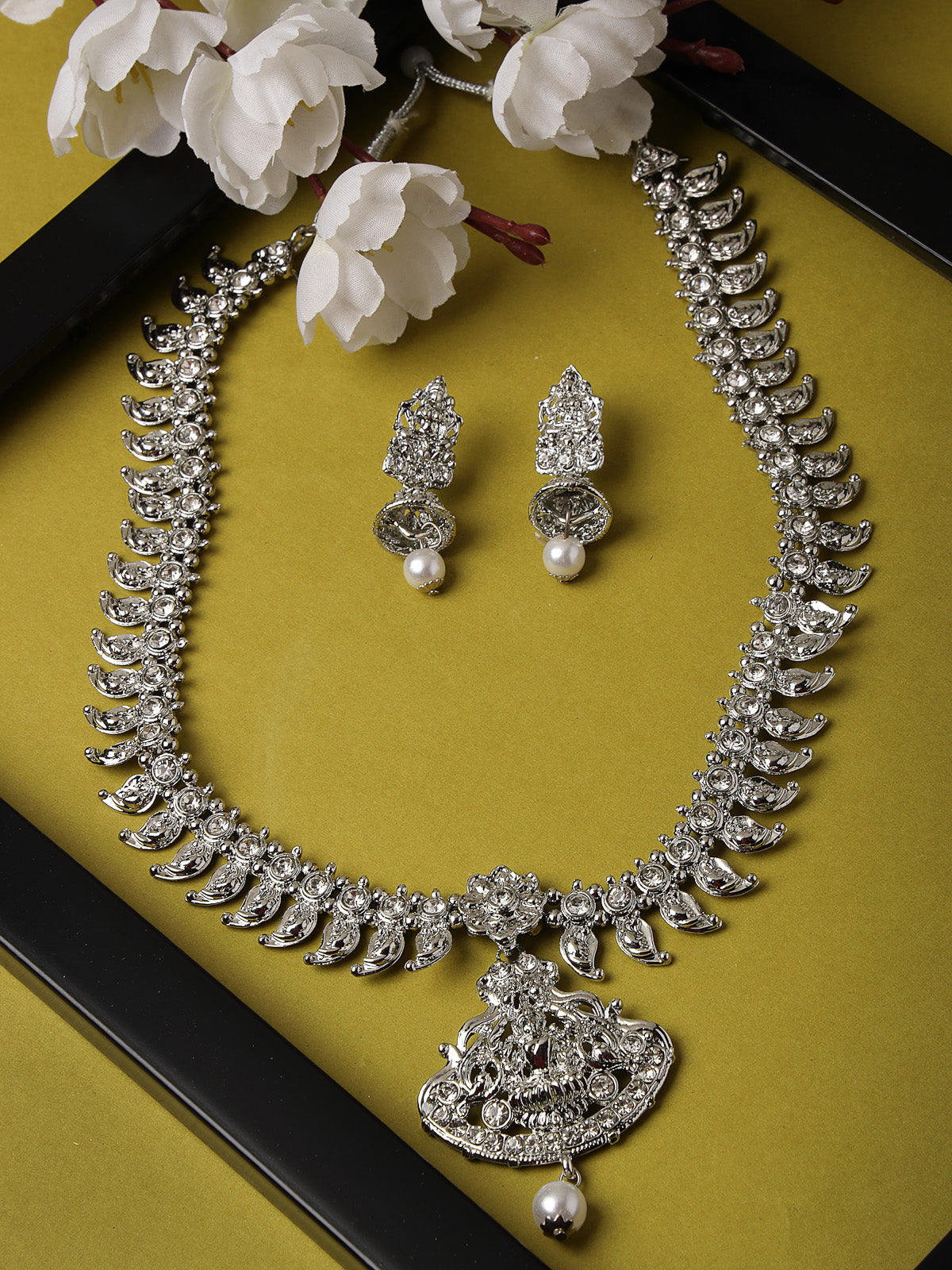 Sukkhi Adjustable Rhodium Plated Silver AD Stones Long Temple Necklace Set with Jhumki Earring | Jewellery Set For Women (NS105659)