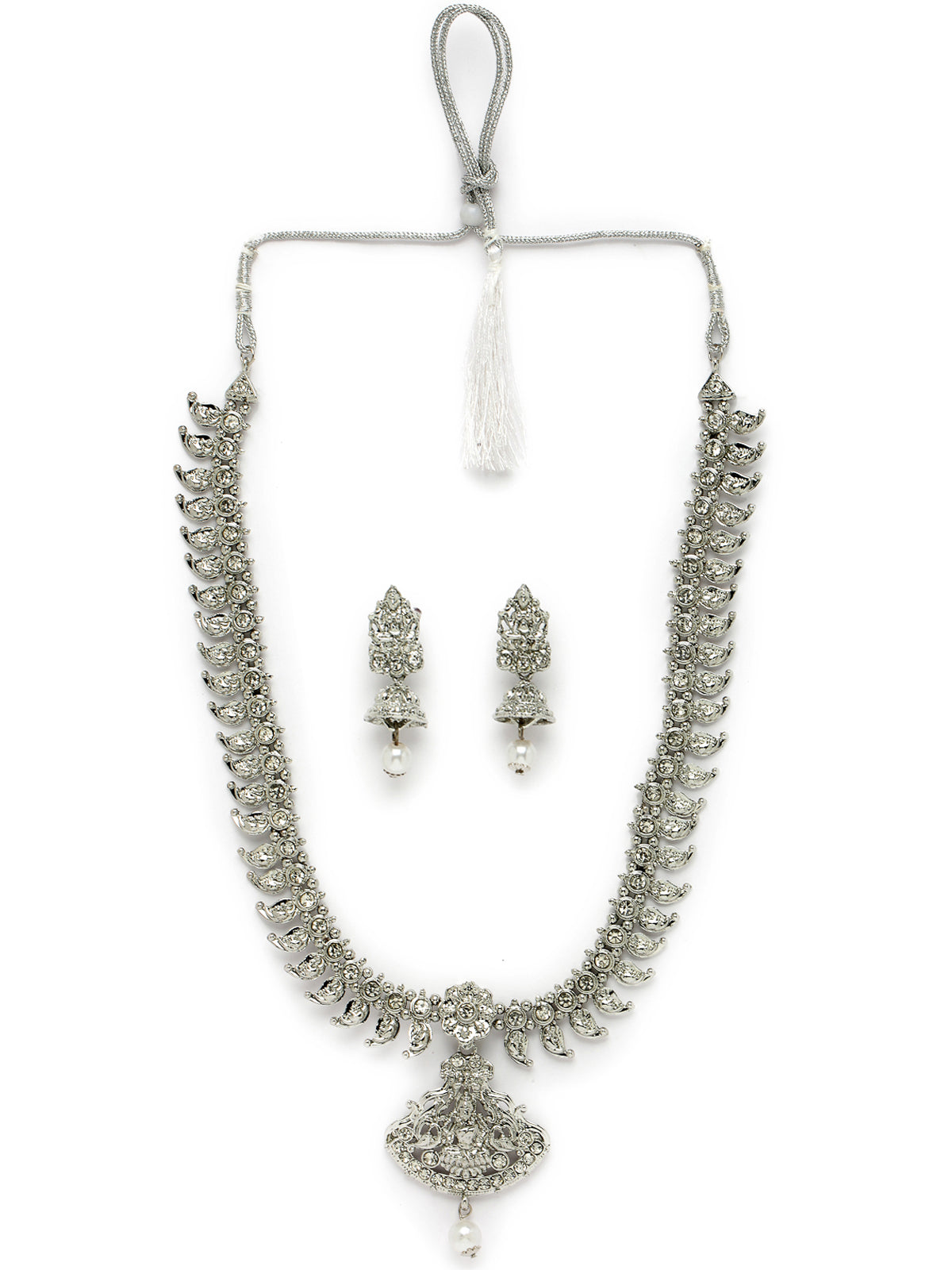 Sukkhi Adjustable Rhodium Plated Silver AD Stones Long Temple Necklace Set with Jhumki Earring | Jewellery Set For Women (NS105659)