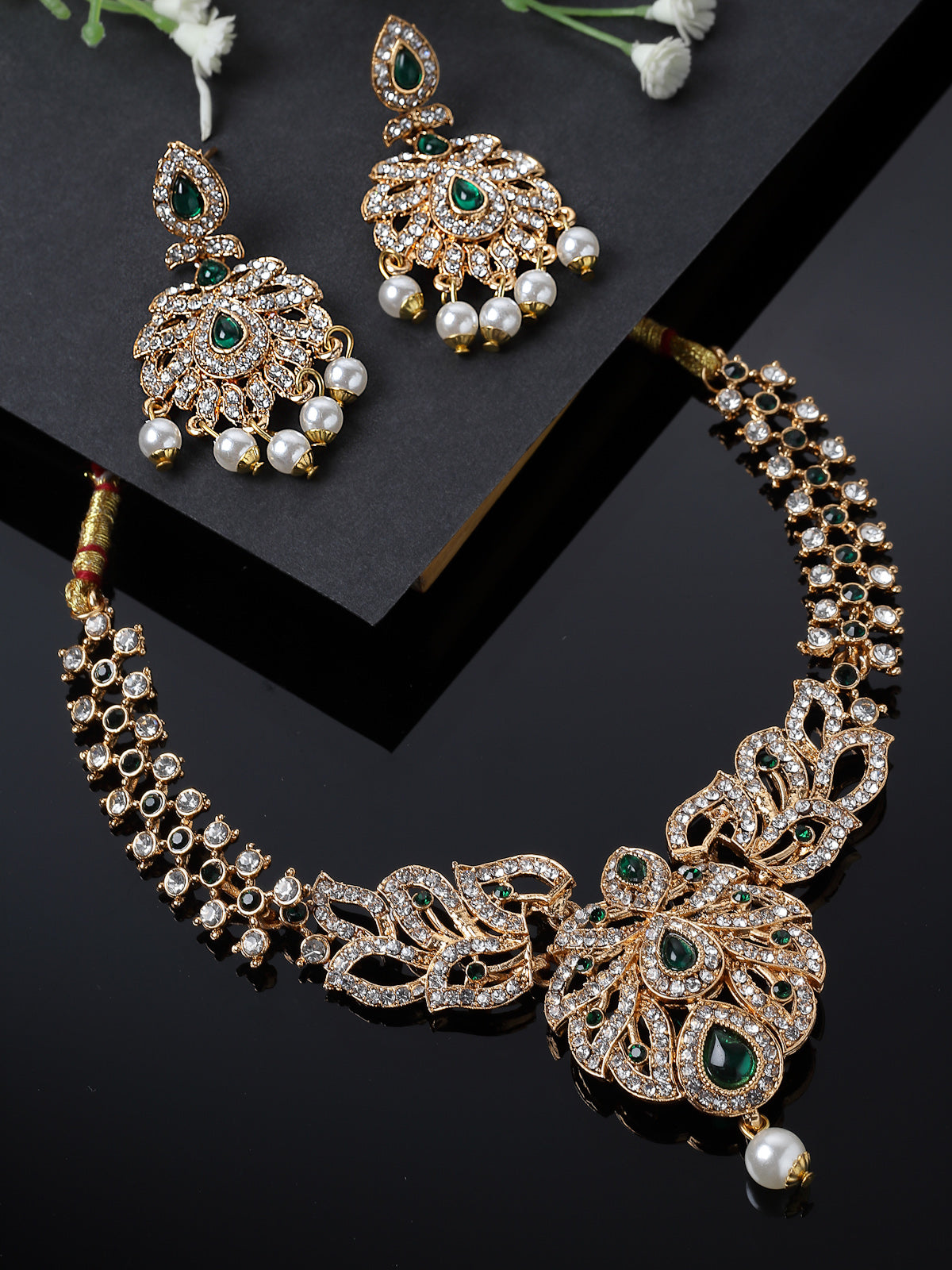 Sukkhi Dramatic Gold Plated AD Stone Collar Bone Necklace Set And Earring | Jewellery Set For Women (NS105660)