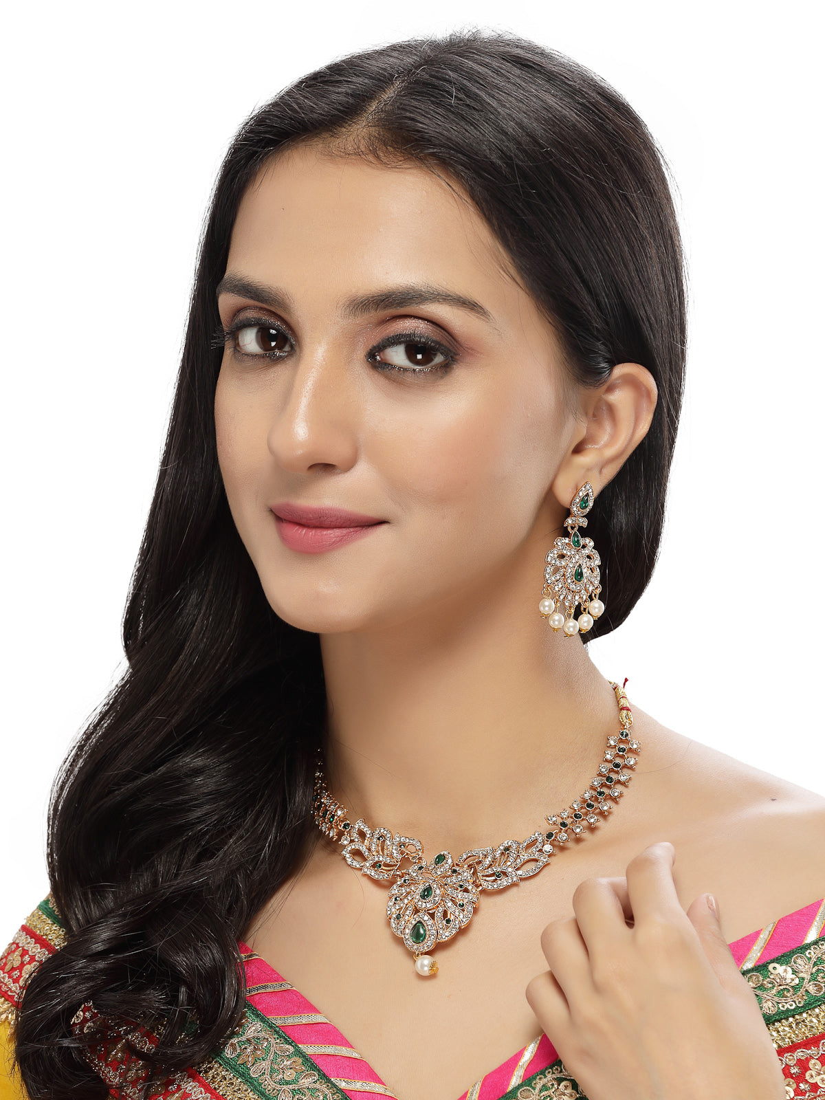 Sukkhi Dramatic Gold Plated AD Stone Collar Bone Necklace Set And Earring | Jewellery Set For Women (NS105660)