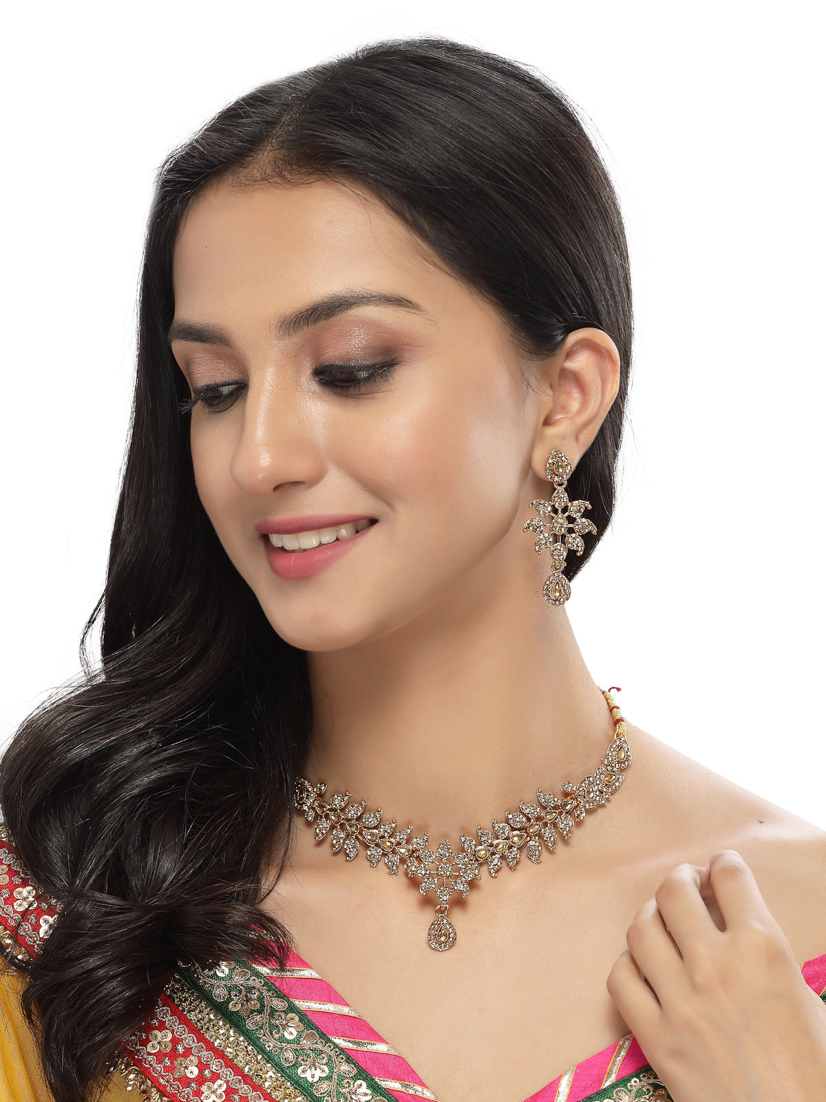 Sukkhi Smashing Gold Plated AD Stone Collar Bone Necklace Set And Earring | Jewellery Set For Women (NS105662)