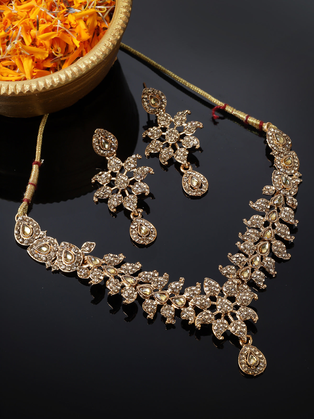 Sukkhi Smashing Gold Plated AD Stone Collar Bone Necklace Set And Earring | Jewellery Set For Women (NS105662)