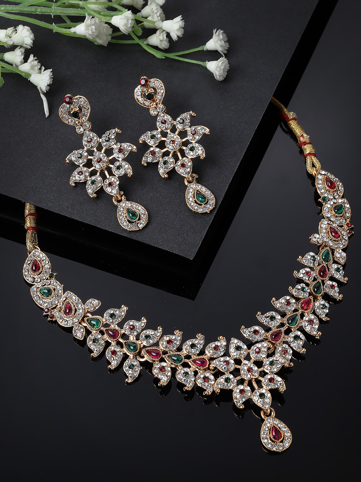 Sukkhi Multicolor Gold Plated Multicolor AD Stone Collar Bone Necklace Set And Earring | Jewellery Set For Women (NS105663)