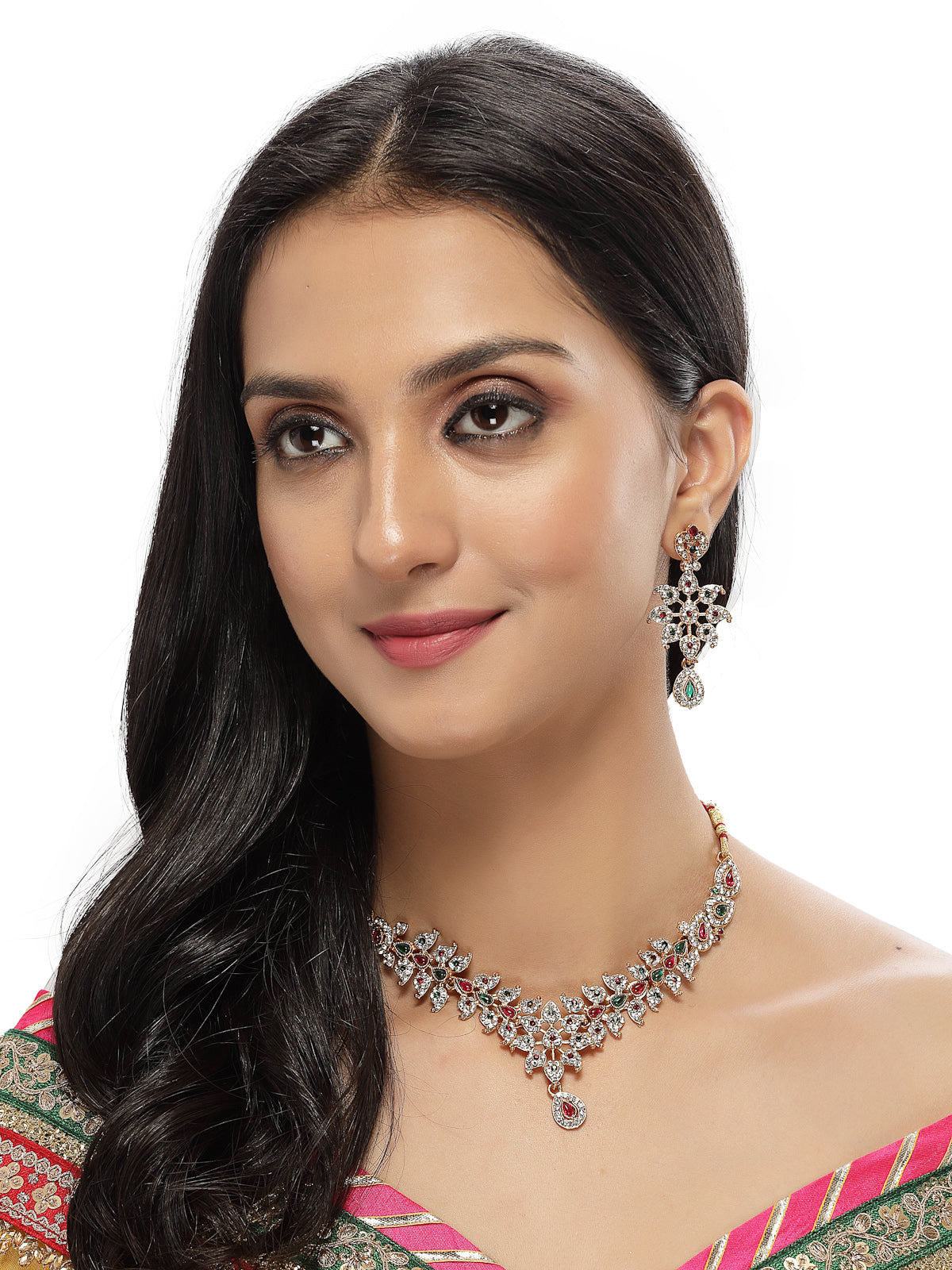 Sukkhi Multicolor Gold Plated Multicolor AD Stone Collar Bone Necklace Set And Earring | Jewellery Set For Women (NS105663)