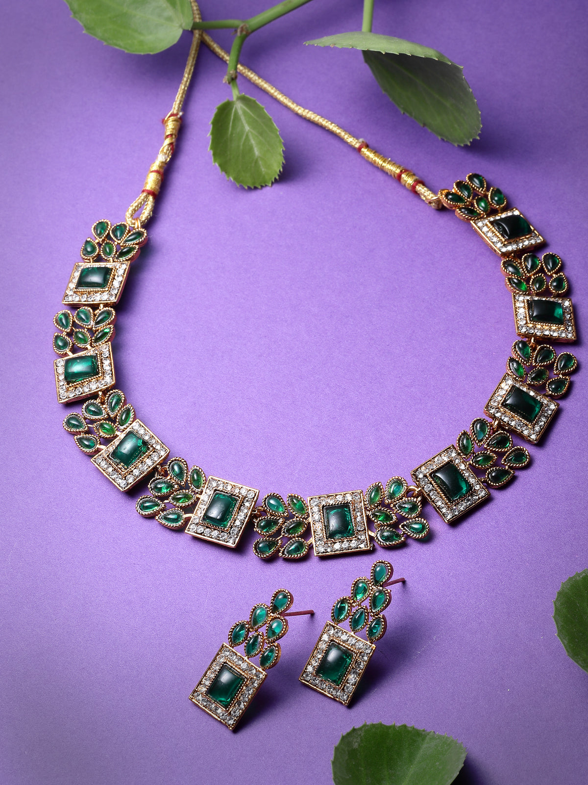 Sukkhi Sparkling Gold Plated Green AD Stone Collar Bone Necklace Set And Earring | Jewellery Set For Women (NS105664)