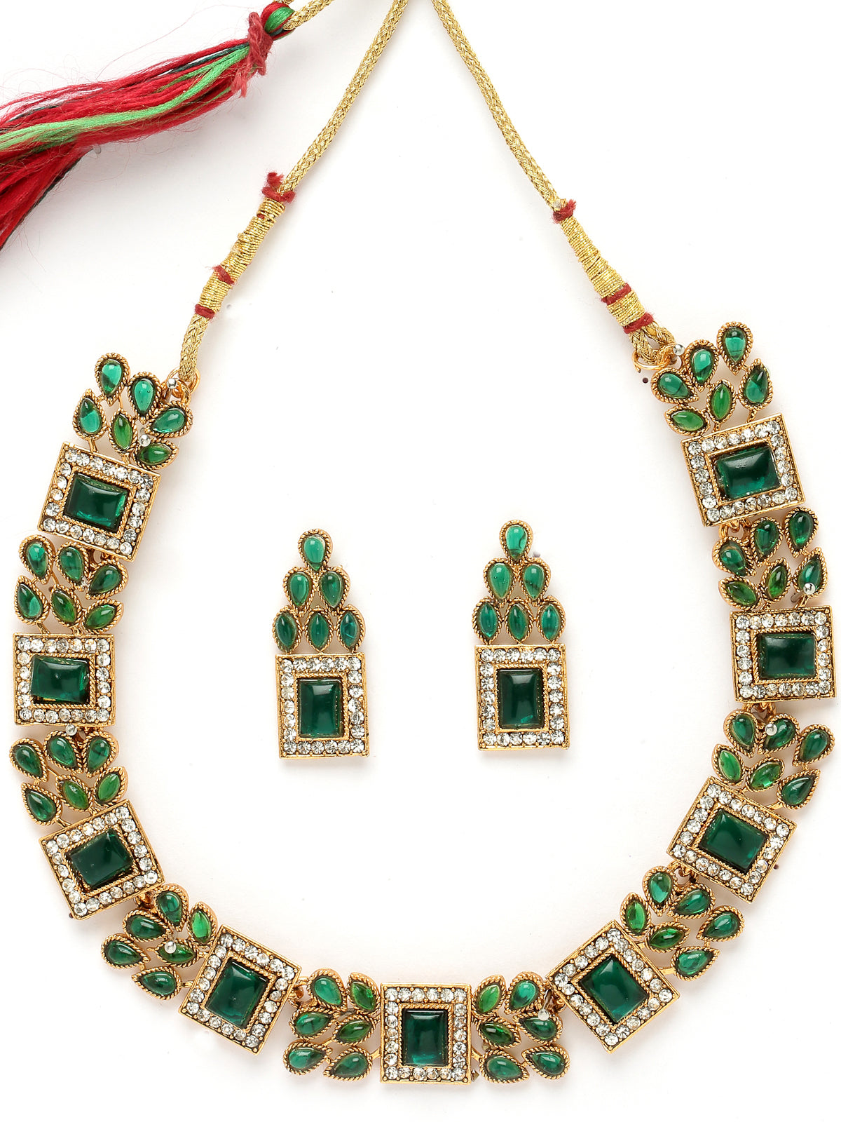 Sukkhi Sparkling Gold Plated Green AD Stone Collar Bone Necklace Set And Earring | Jewellery Set For Women (NS105664)