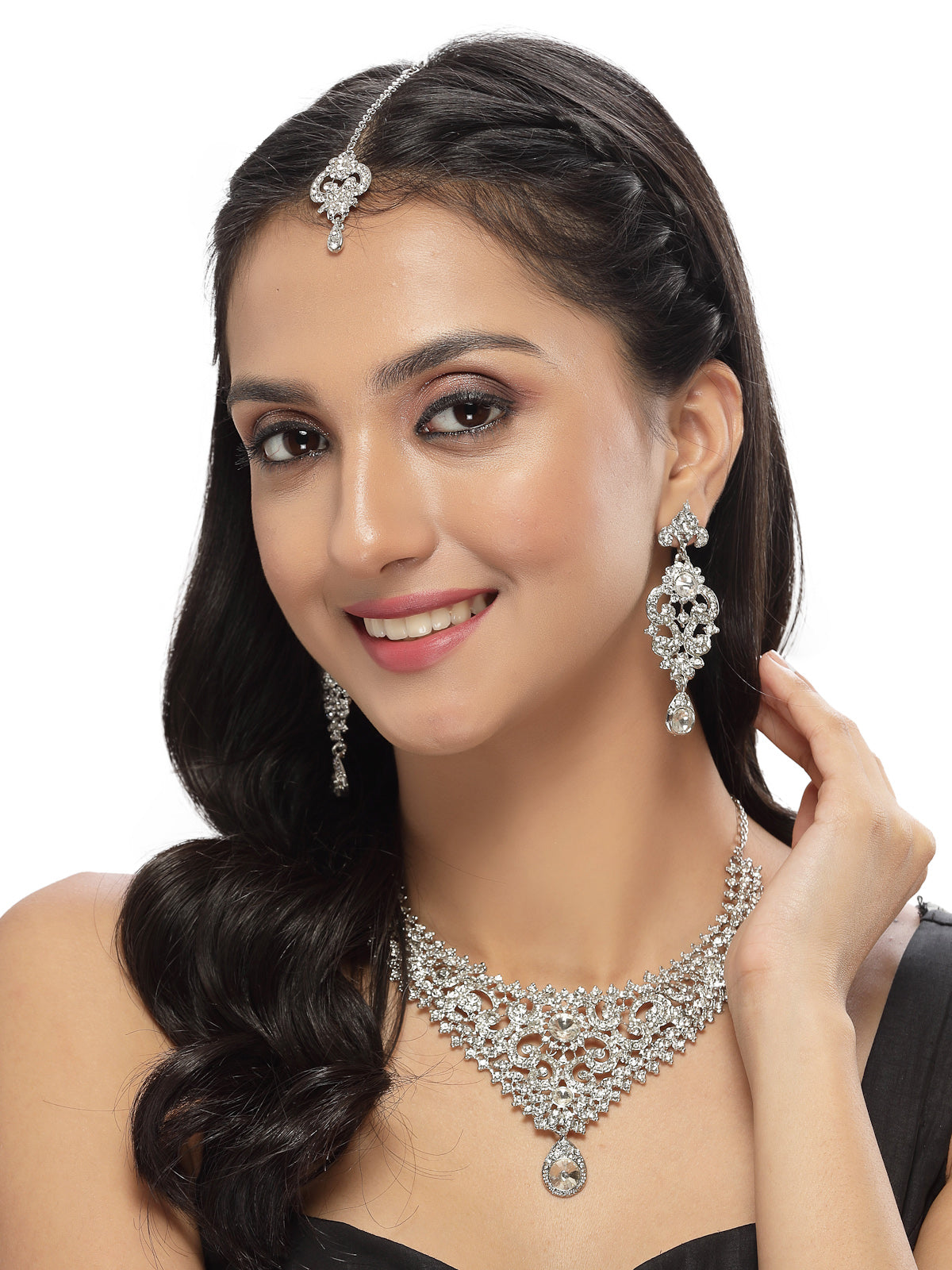 Sukkhi Flawless Rhodium Plated Silver AD White Stone Collar Bone Necklace Set With Earring And Maangtika | Jewellery Set For Women (NS105665)