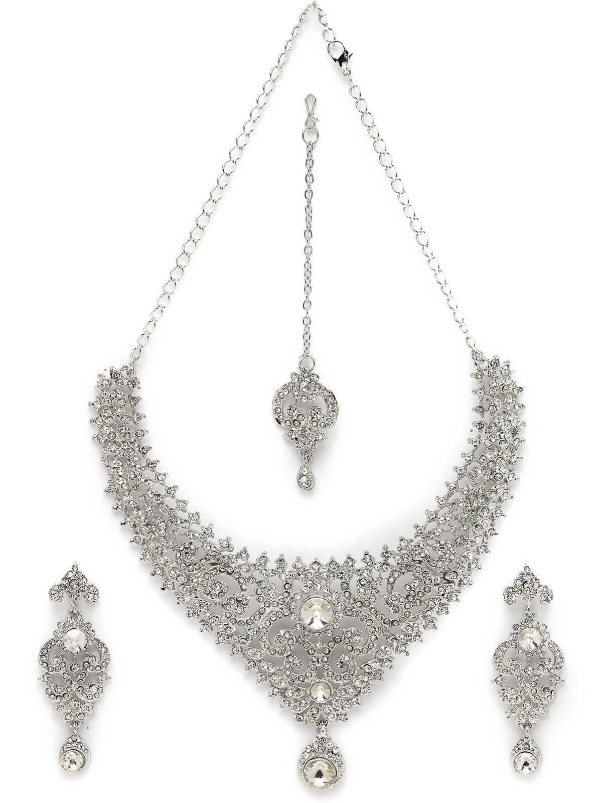 Sukkhi Flawless Rhodium Plated Silver AD White Stone Collar Bone Necklace Set With Earring And Maangtika | Jewellery Set For Women (NS105665)