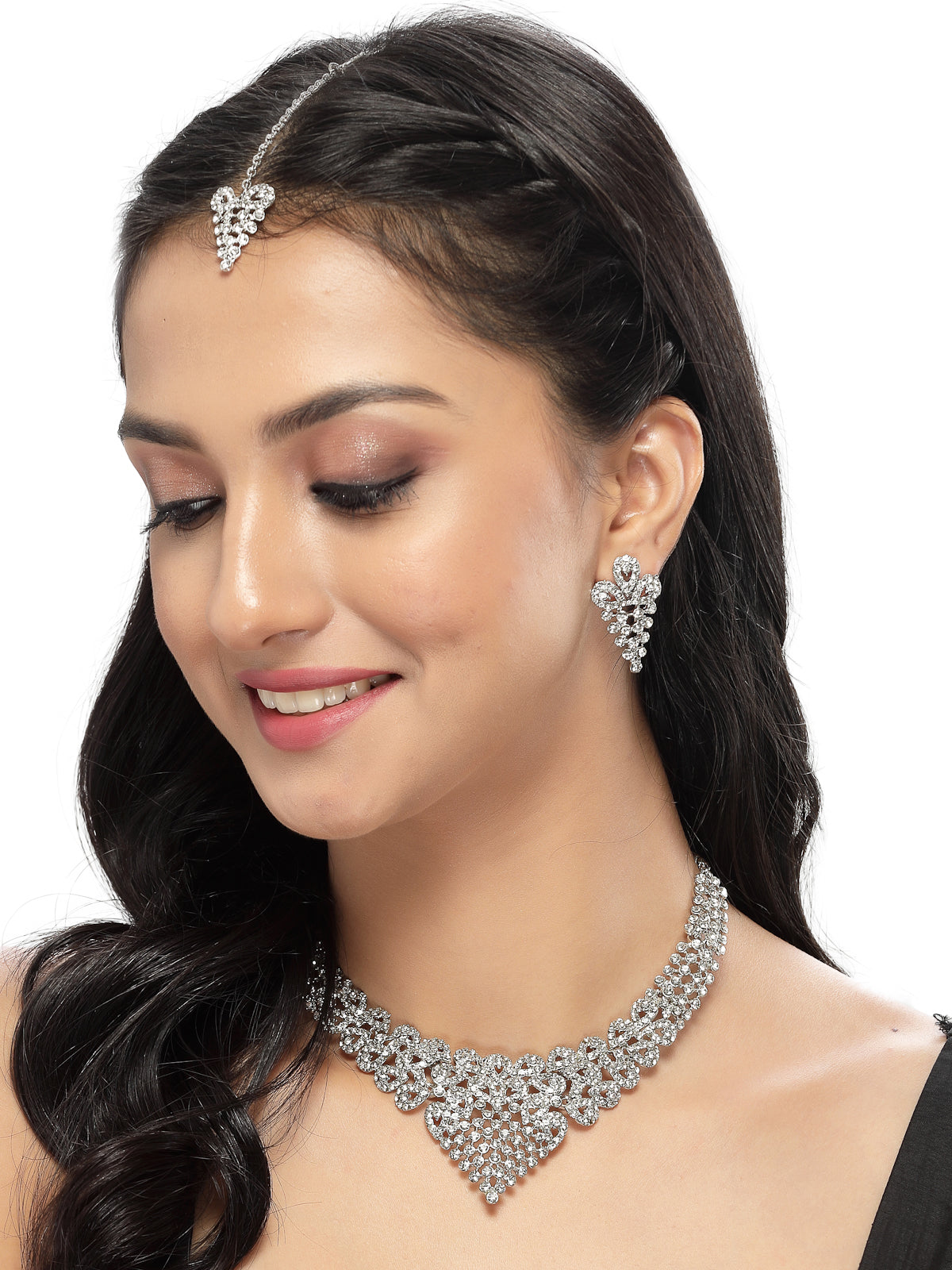 Sukkhi Fanciable Rhodium Plated Silver AD White Stone Collar Bone Necklace Set With Earring And Maangtika | Jewellery Set For Women (NS105666)