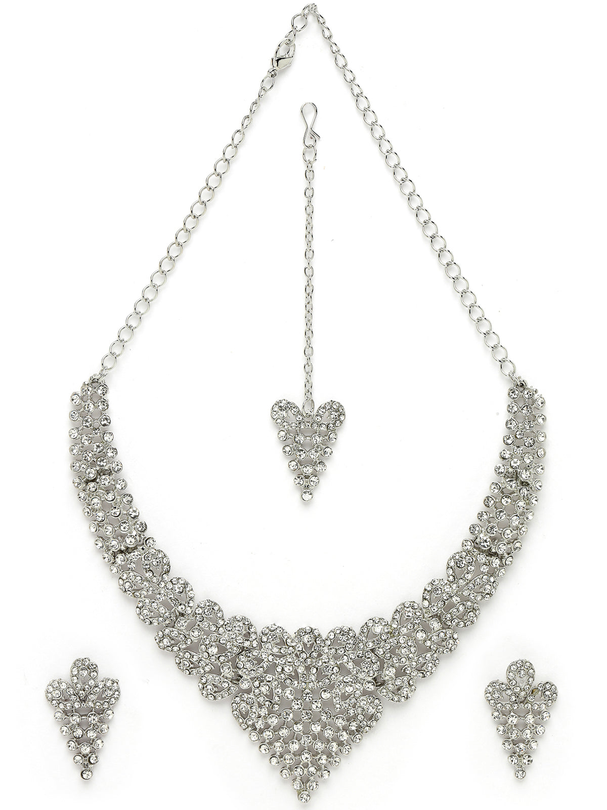 Sukkhi Fanciable Rhodium Plated Silver AD White Stone Collar Bone Necklace Set With Earring And Maangtika | Jewellery Set For Women (NS105666)