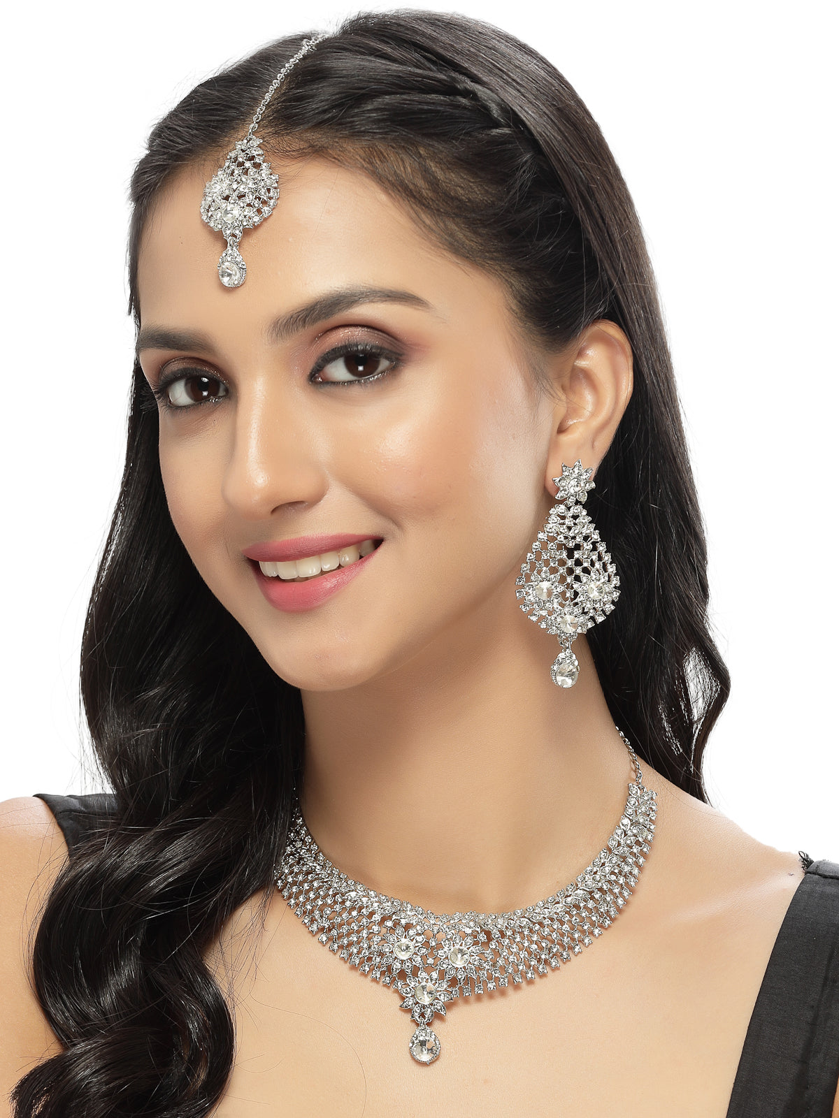 Sukkhi Geometric Rhodium Plated Silver AD White Stone Collar Bone Necklace Set With Earring And Maangtika | Jewellery Set For Women (NS105668)
