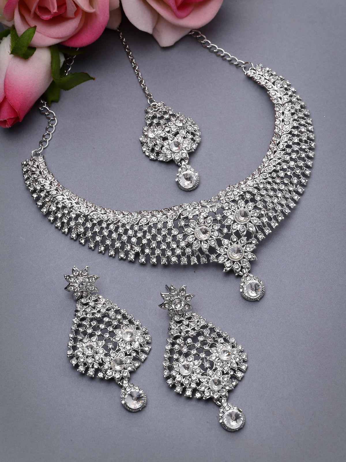 Sukkhi Geometric Rhodium Plated Silver AD White Stone Collar Bone Necklace Set With Earring And Maangtika | Jewellery Set For Women (NS105668)