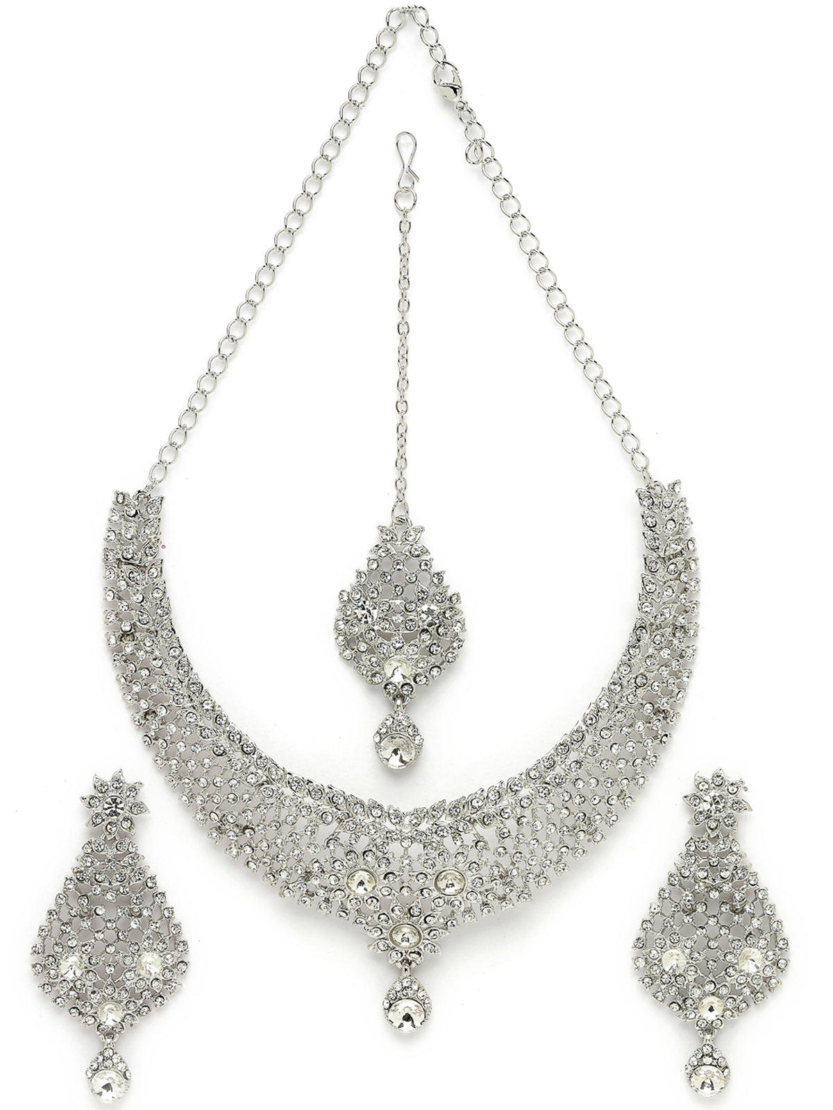 Sukkhi Geometric Rhodium Plated Silver AD White Stone Collar Bone Necklace Set With Earring And Maangtika | Jewellery Set For Women (NS105668)