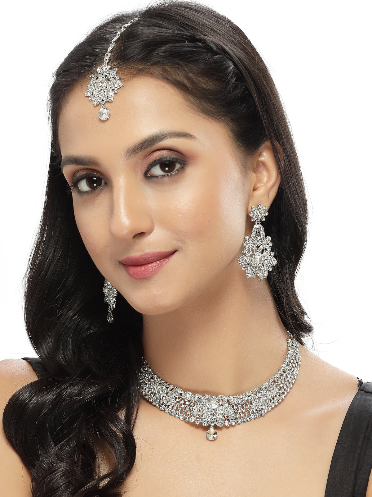Sukkhi Magnifecent Rhodium Plated Silver AD White Stones Collar Bone Necklace Set With Earring And Maangtika | Jewellery Set For Women (NS105669)