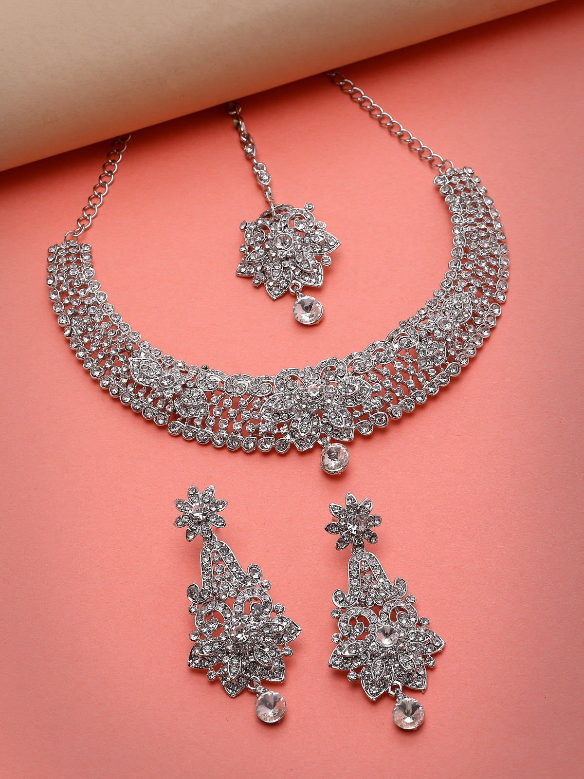 Sukkhi Magnifecent Rhodium Plated Silver AD White Stones Collar Bone Necklace Set With Earring And Maangtika | Jewellery Set For Women (NS105669)