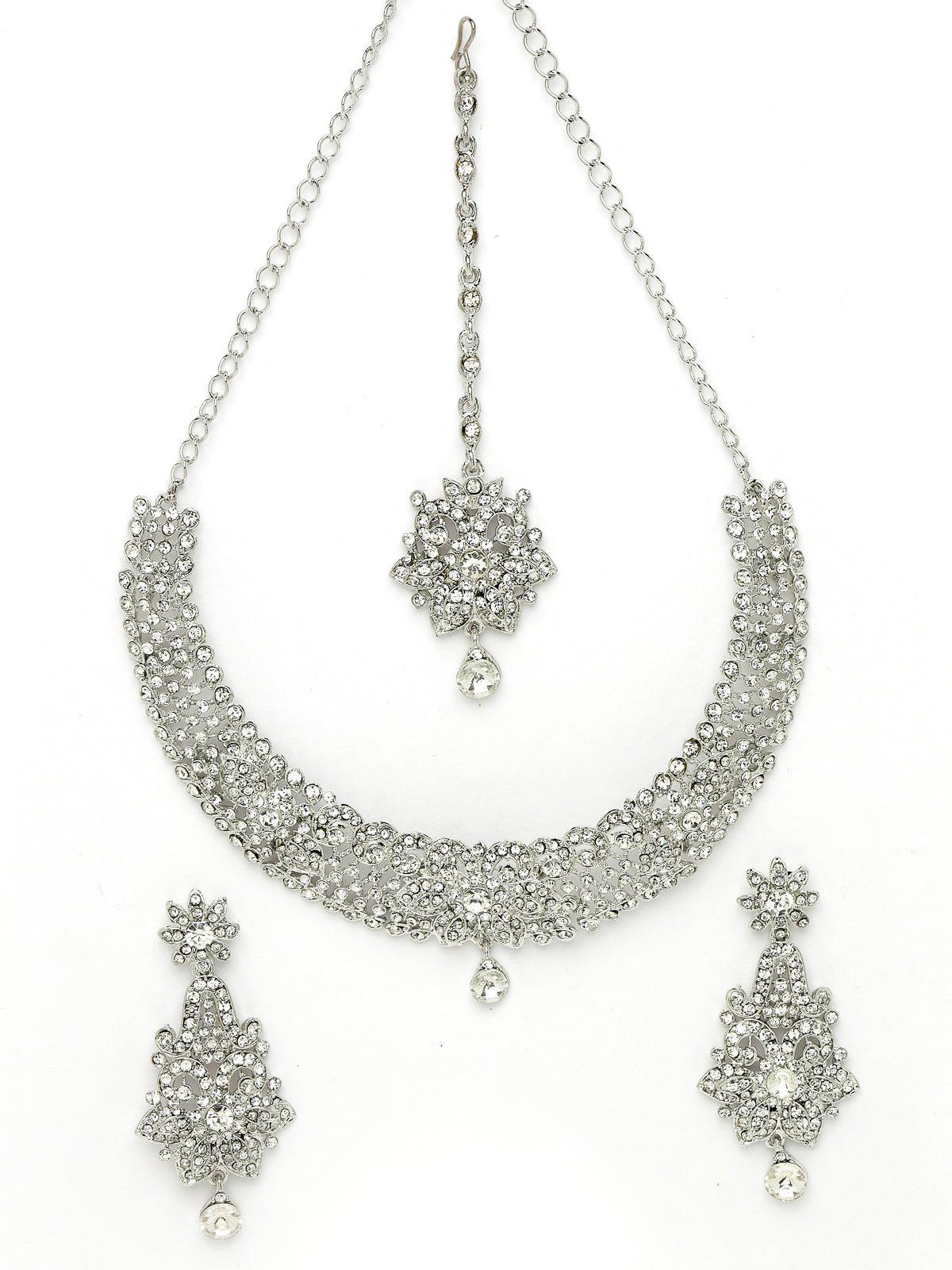 Sukkhi Magnifecent Rhodium Plated Silver AD White Stones Collar Bone Necklace Set With Earring And Maangtika | Jewellery Set For Women (NS105669)