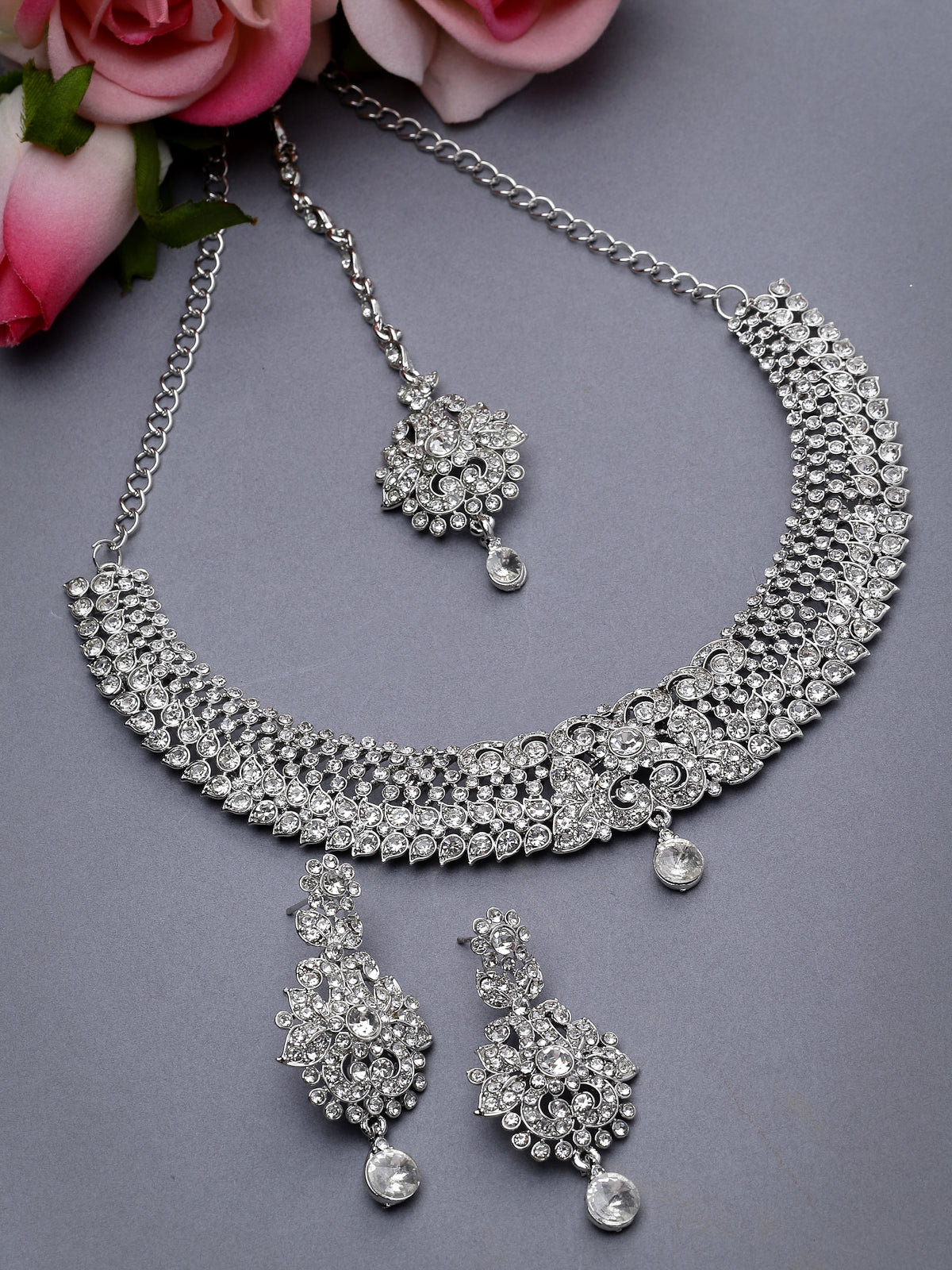 Sukkhi Showstopping Rhodium Plated Silver AD White Stone Collar Bone Necklace Set With Earring And Maangtika | Jewellery Set For Women (NS105670)