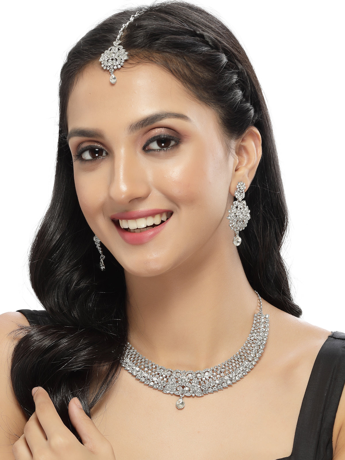 Sukkhi Showstopping Rhodium Plated Silver AD White Stone Collar Bone Necklace Set With Earring And Maangtika | Jewellery Set For Women (NS105670)