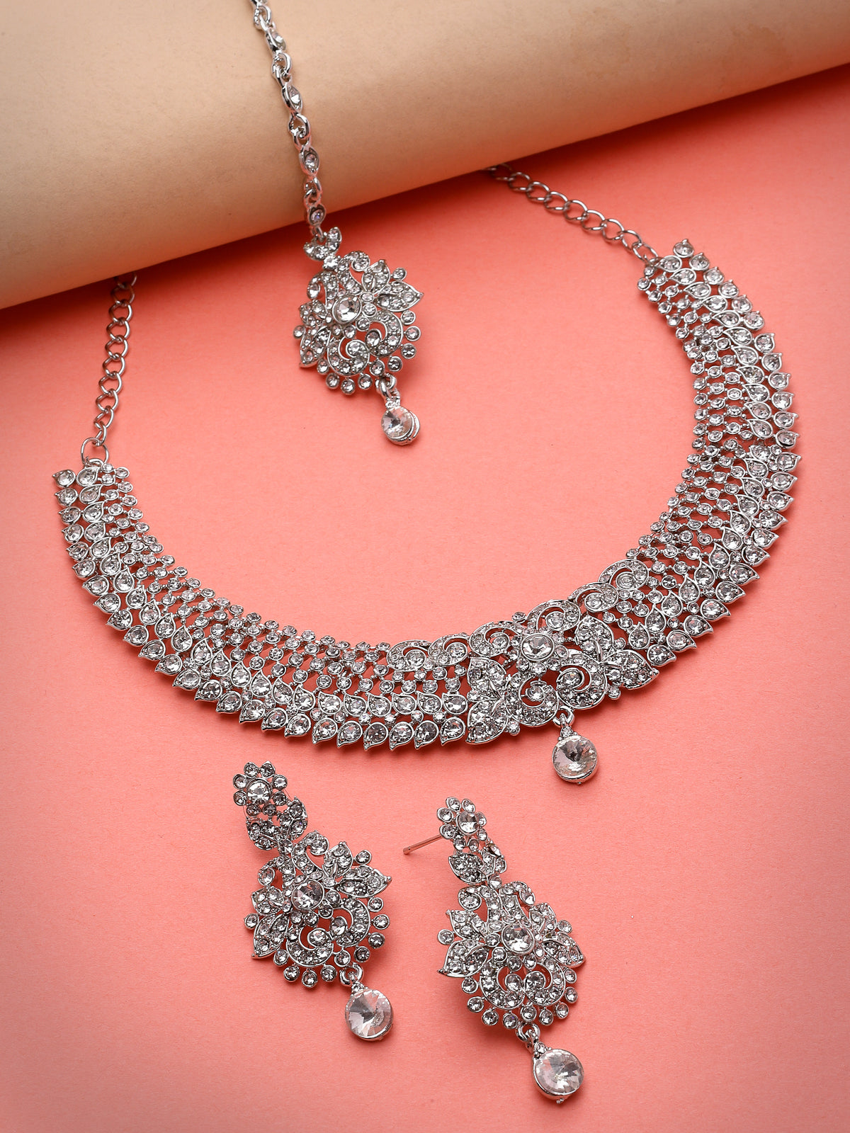 Sukkhi Showstopping Rhodium Plated Silver AD White Stone Collar Bone Necklace Set With Earring And Maangtika | Jewellery Set For Women (NS105670)