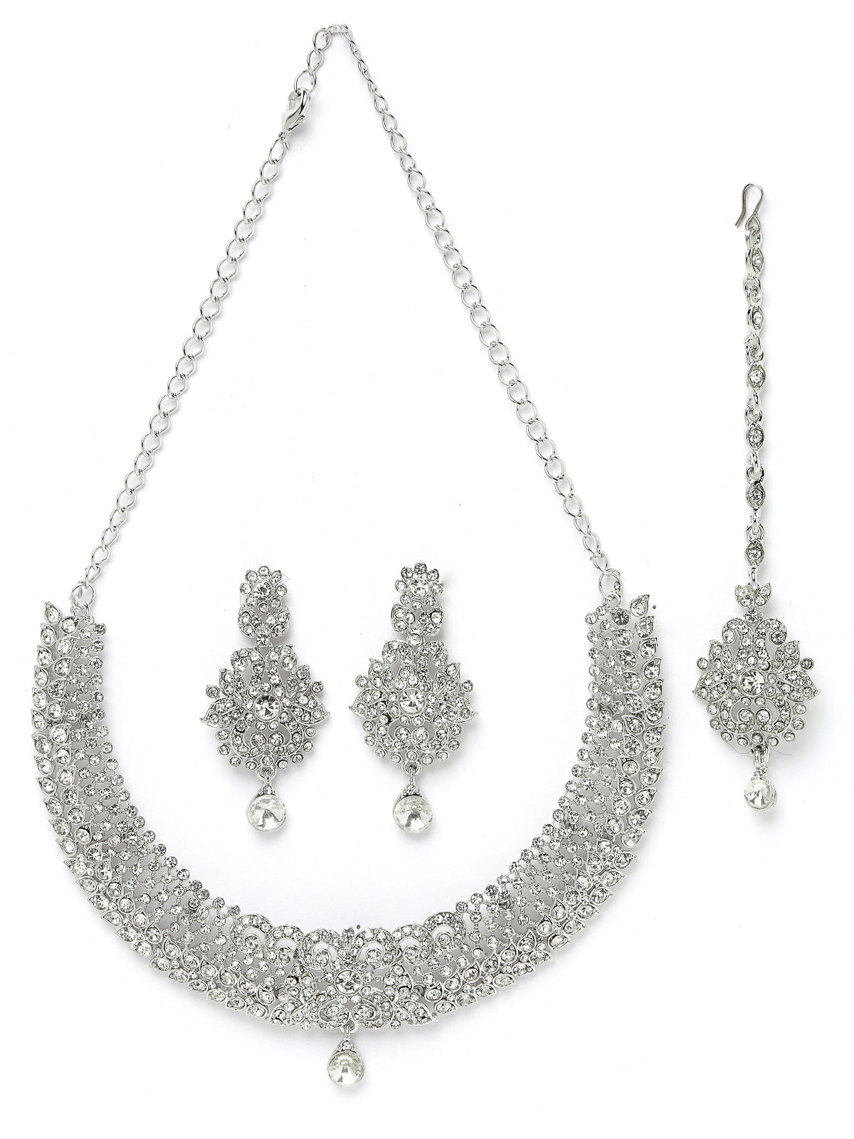 Sukkhi Showstopping Rhodium Plated Silver AD White Stone Collar Bone Necklace Set With Earring And Maangtika | Jewellery Set For Women (NS105670)