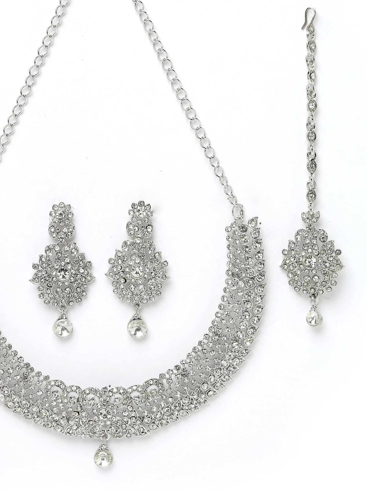 Sukkhi Showstopping Rhodium Plated Silver AD White Stone Collar Bone Necklace Set With Earring And Maangtika | Jewellery Set For Women (NS105670)