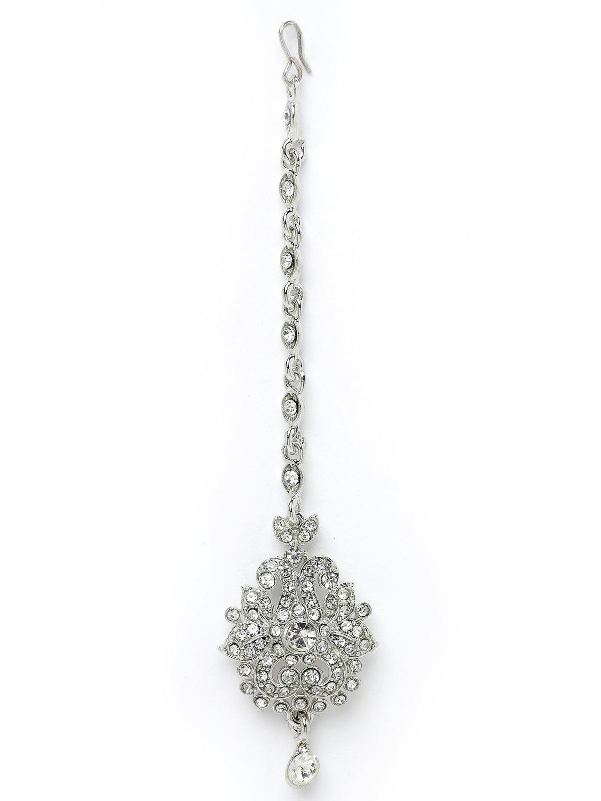 Sukkhi Showstopping Rhodium Plated Silver AD White Stone Collar Bone Necklace Set With Earring And Maangtika | Jewellery Set For Women (NS105670)