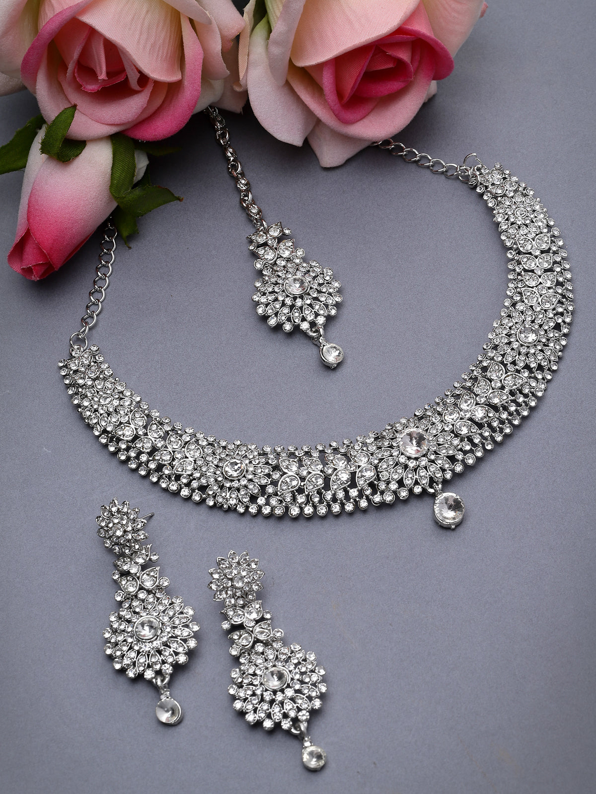 Sukkhi Fashion Rhodium Plated Silver AD White Stone Collar Bone Necklace Set With Earring And Maangtika | Jewellery Set For Women (NS105671)