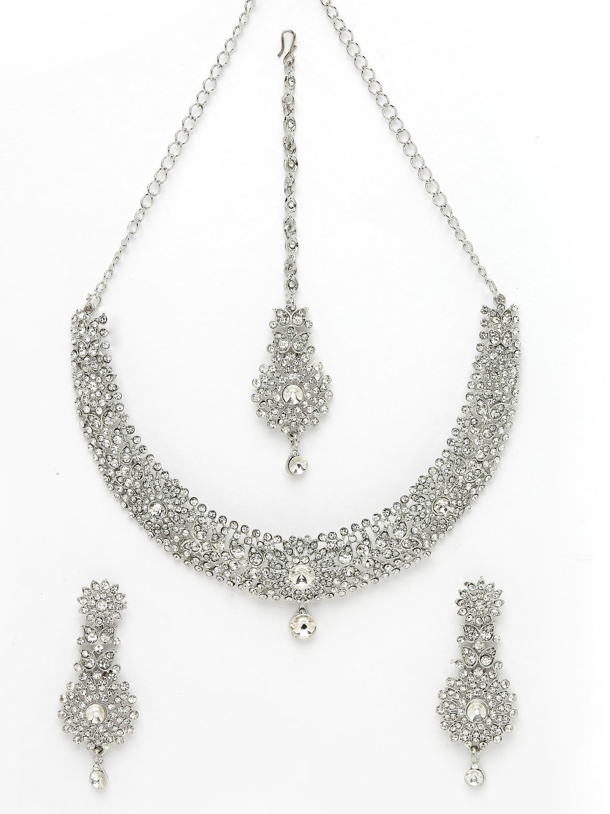 Sukkhi Fashion Rhodium Plated Silver AD White Stone Collar Bone Necklace Set With Earring And Maangtika | Jewellery Set For Women (NS105671)