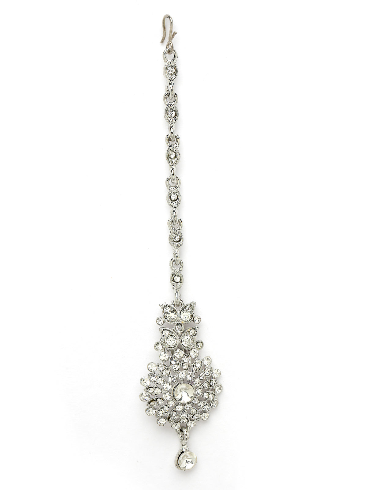 Sukkhi Fashion Rhodium Plated Silver AD White Stone Collar Bone Necklace Set With Earring And Maangtika | Jewellery Set For Women (NS105671)