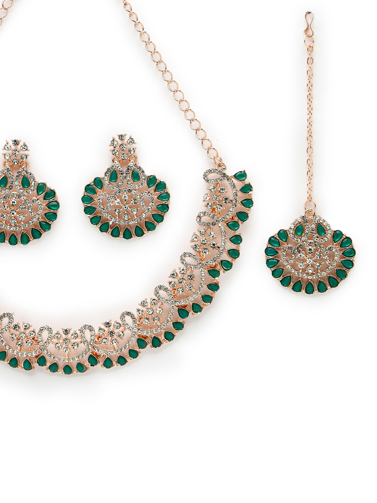 Sukkhi Admirable Fashionable AD Green Stones Collar Bone Necklace Set With Earring And Maangtika | Jewellery Set For Women (NS105673)
