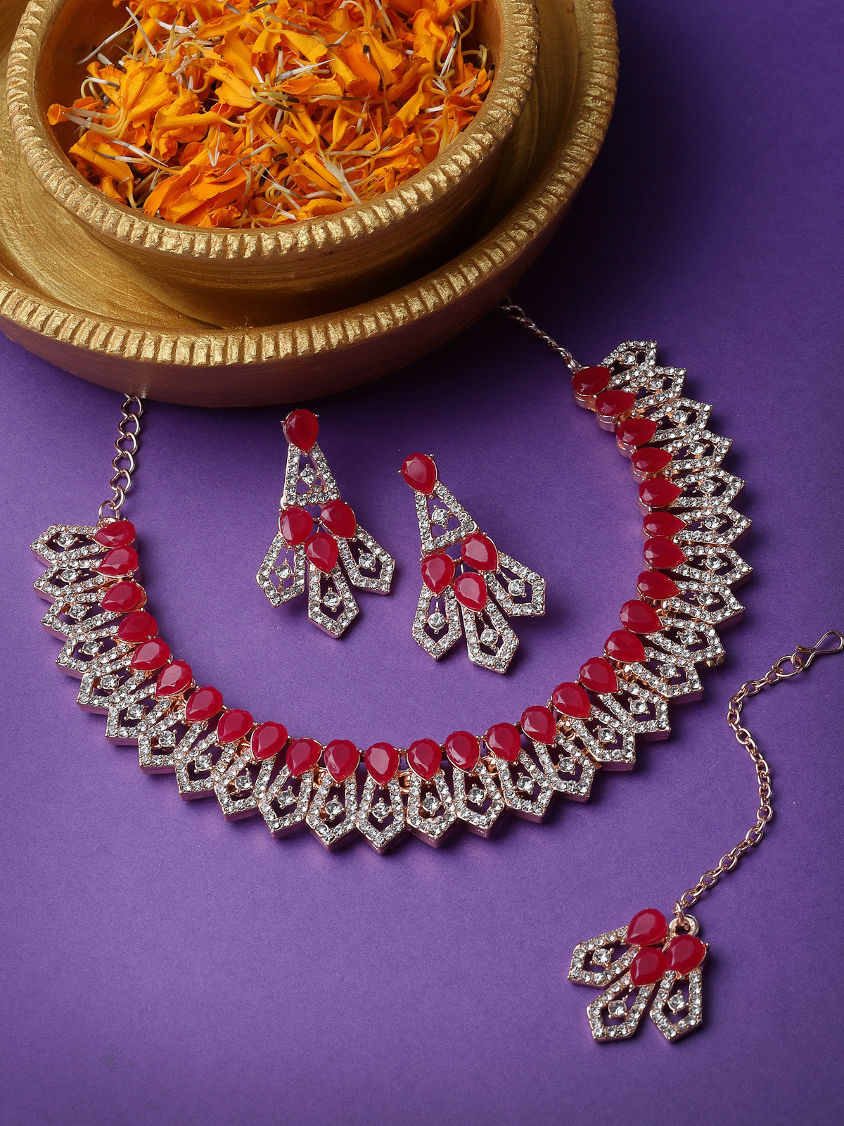 Sukkhi Admirable Fashionable AD Red Stones Collar Bone Necklace Set With Earring And Maangtika | Jewellery Set For Women (NS105675)