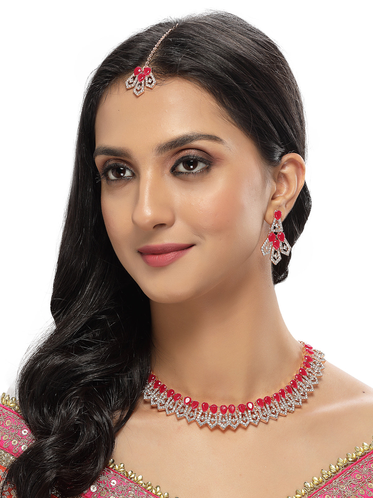 Sukkhi Admirable Fashionable AD Red Stones Collar Bone Necklace Set With Earring And Maangtika | Jewellery Set For Women (NS105675)