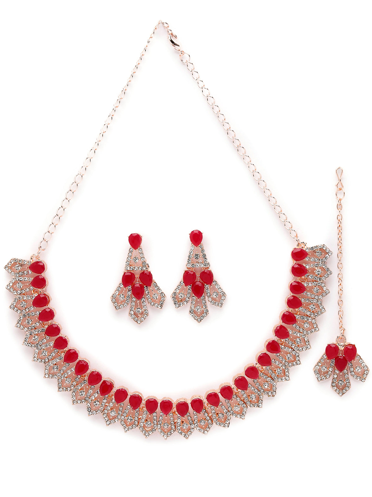 Sukkhi Admirable Fashionable AD Red Stones Collar Bone Necklace Set With Earring And Maangtika | Jewellery Set For Women (NS105675)