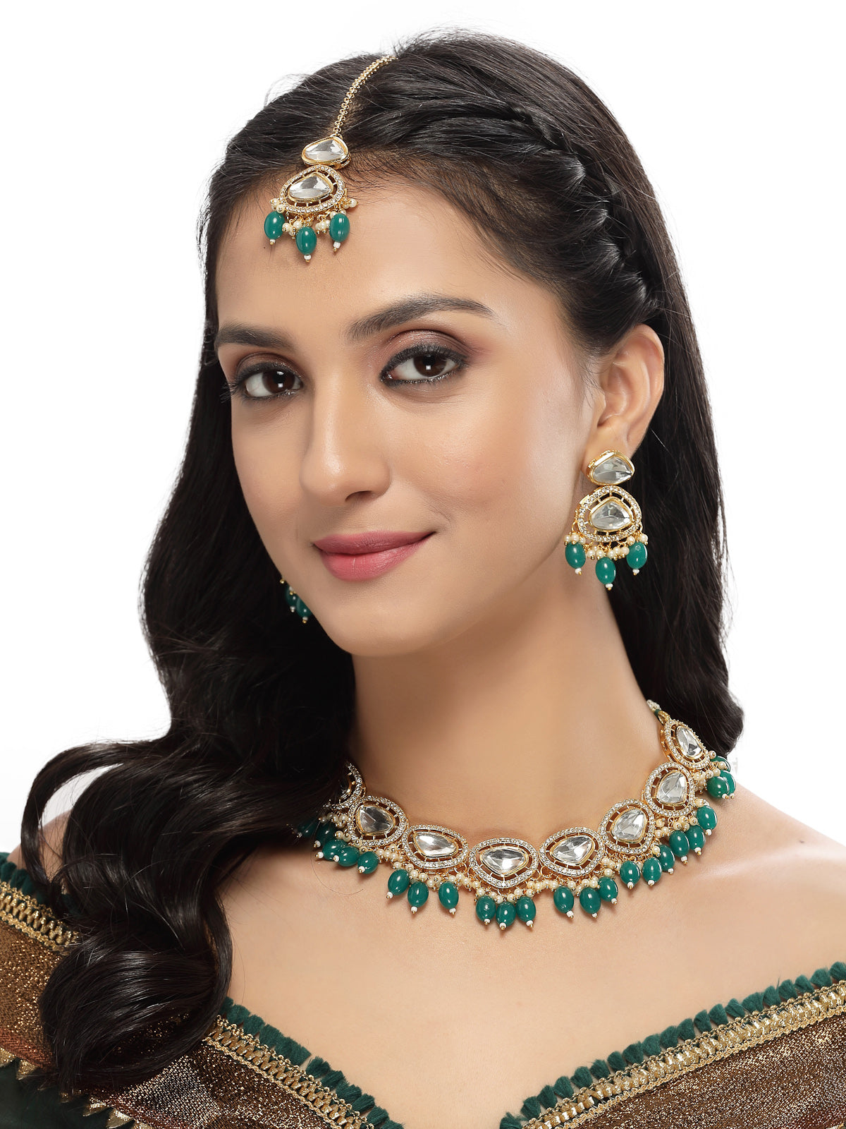 Sukkhi Favourite Gold-Plated With AD Green Stones Collar Bone Necklace Set With Stylish Earrings | Jewellery Set For Women (NS105678)