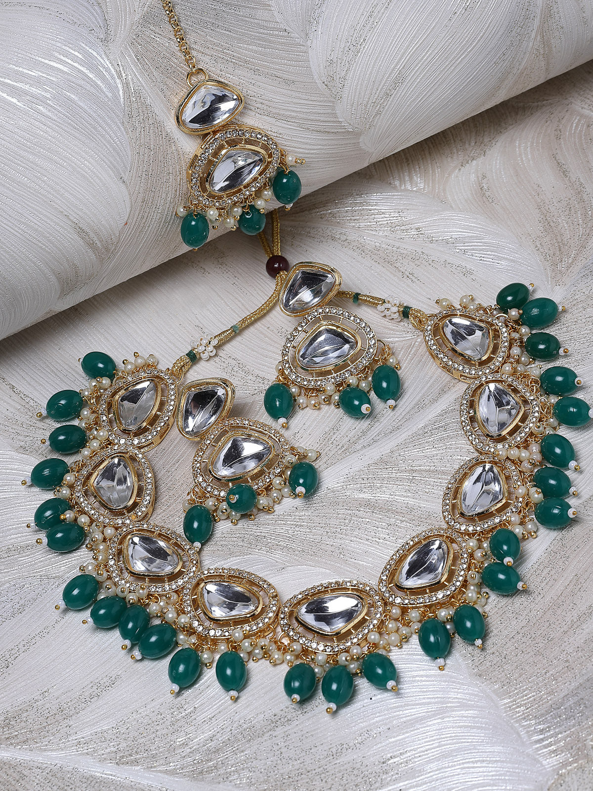 Sukkhi Favourite Gold-Plated With AD Green Stones Collar Bone Necklace Set With Stylish Earrings | Jewellery Set For Women (NS105678)