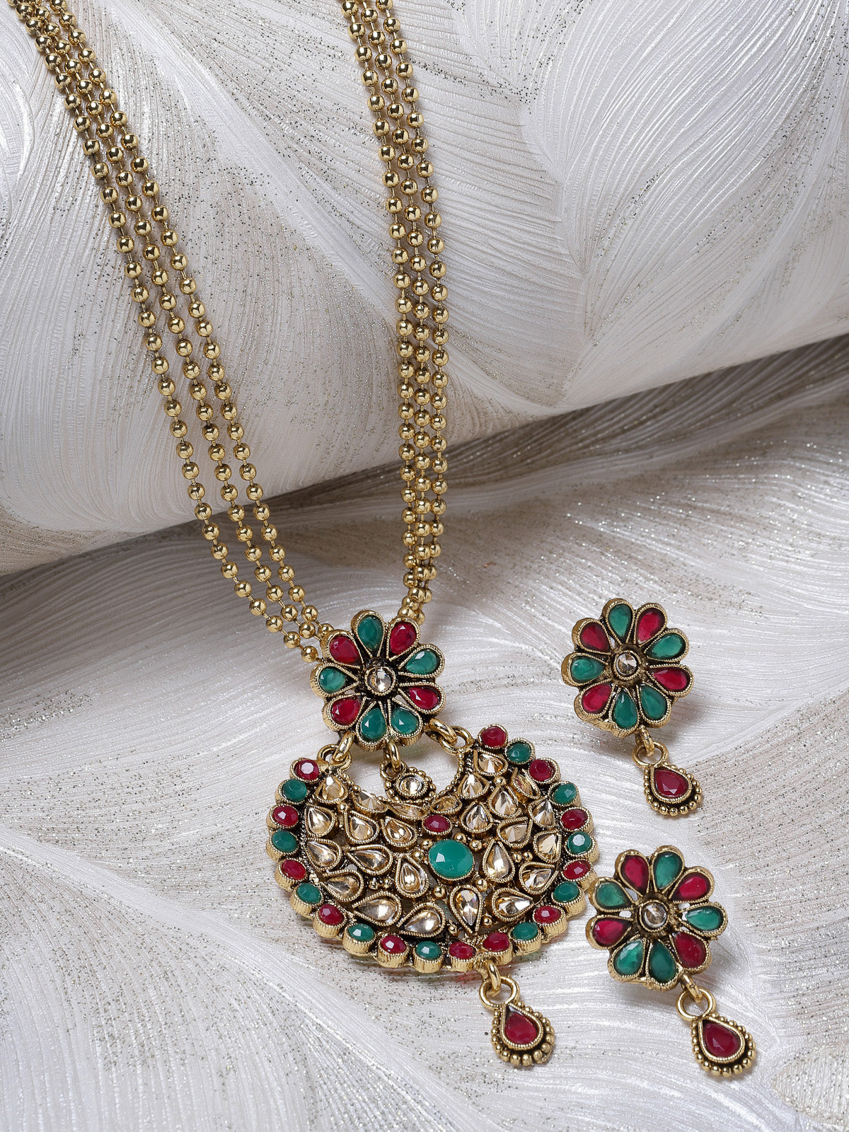 Sukkhi Eye-Catching Green Red Stone Multistring Long Necklace Set And Earring | Jewellery Set For Women (NS105680)
