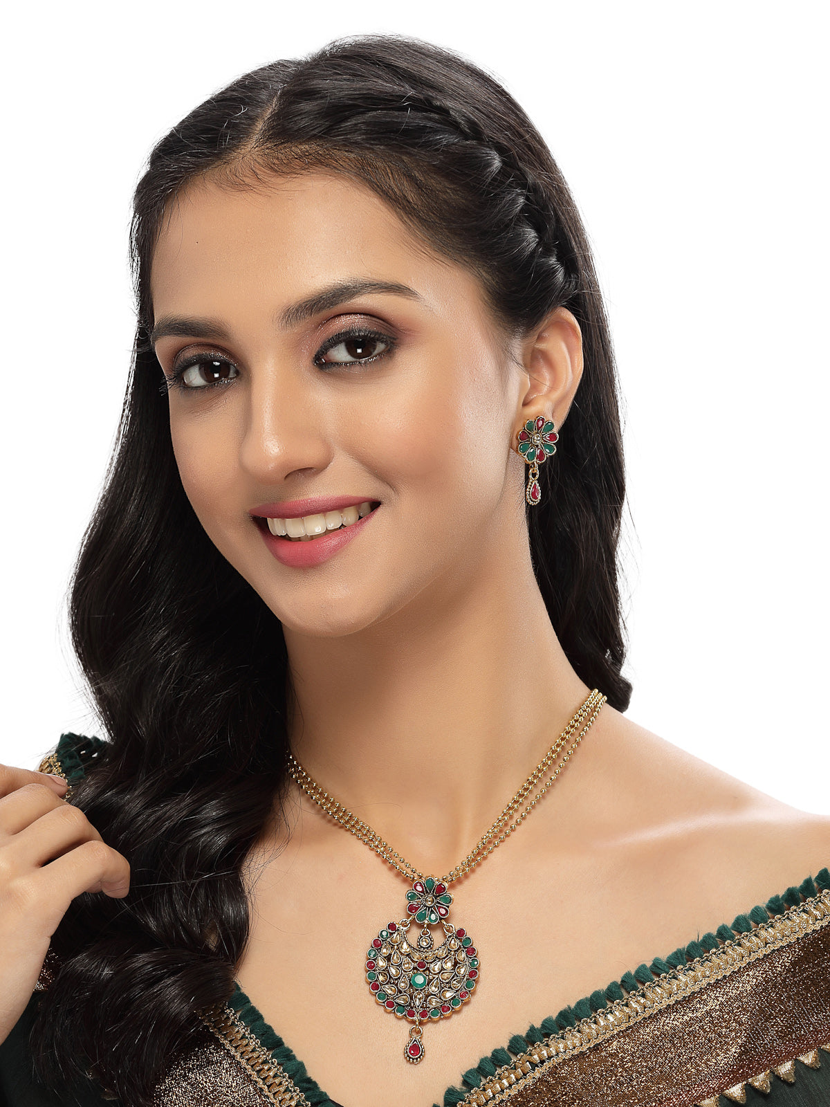 Sukkhi Eye-Catching Green Red Stone Multistring Long Necklace Set And Earring | Jewellery Set For Women (NS105680)