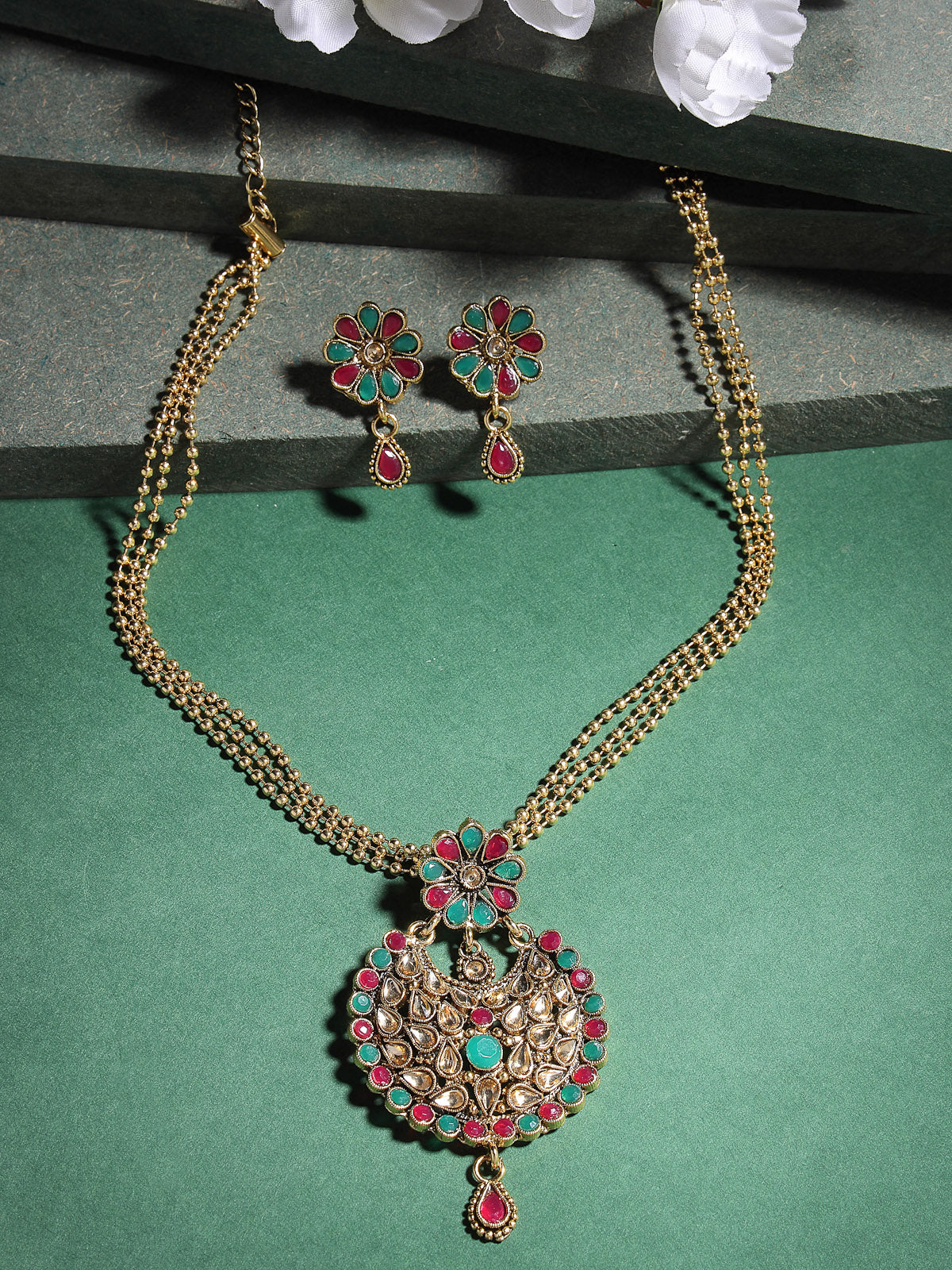 Sukkhi Eye-Catching Green Red Stone Multistring Long Necklace Set And Earring | Jewellery Set For Women (NS105680)